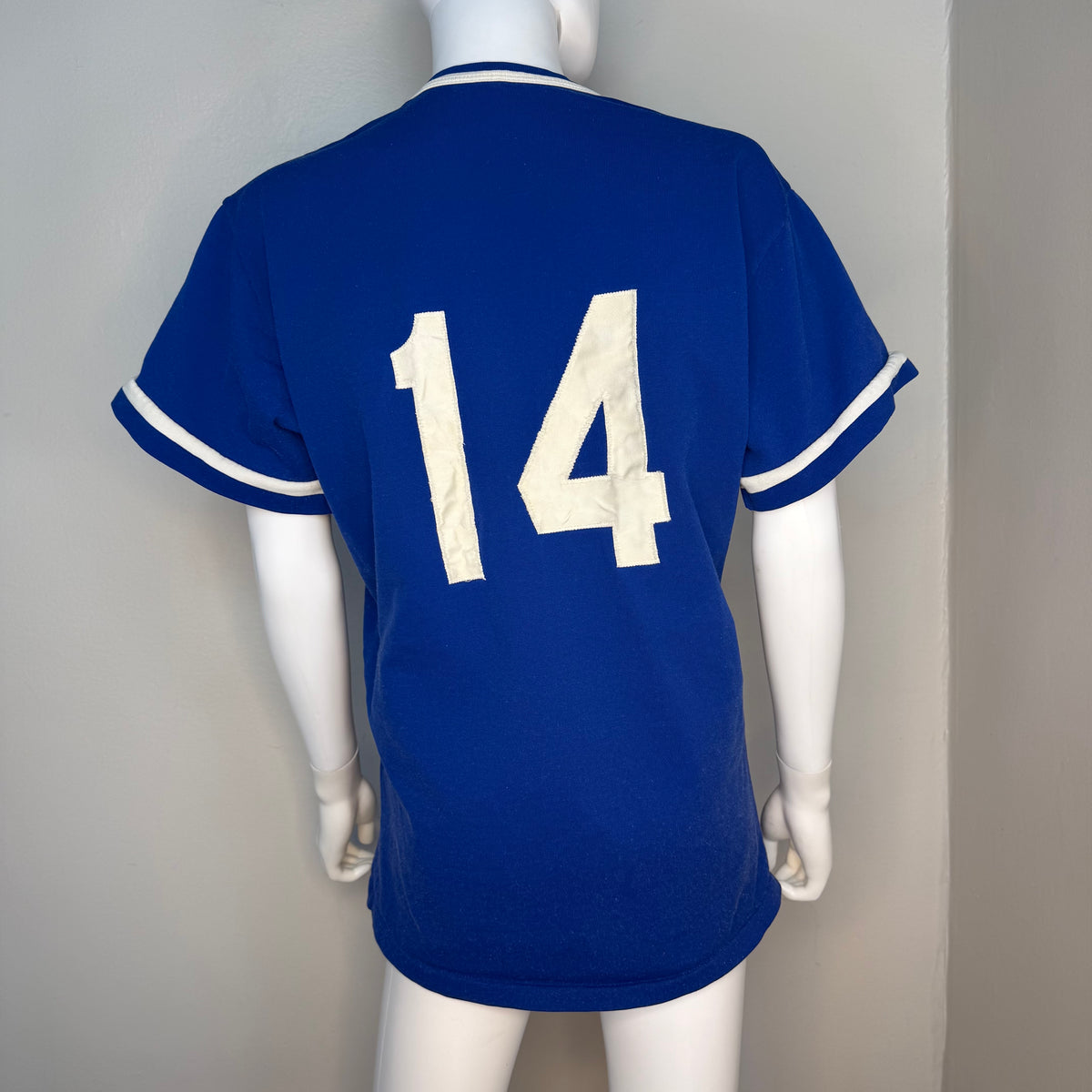 1970s Blue Patriots Jersey T-Shirt, Rawlings Size Large, No 14