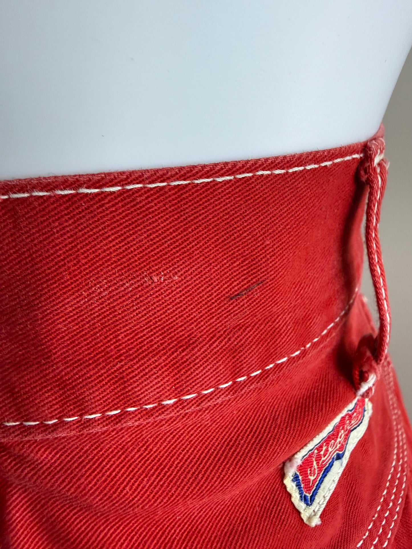1950s Side Zip Red Denim Pedal Pushers, Cropped Dungarees, Stephens Size XXS, 23.5"x16"