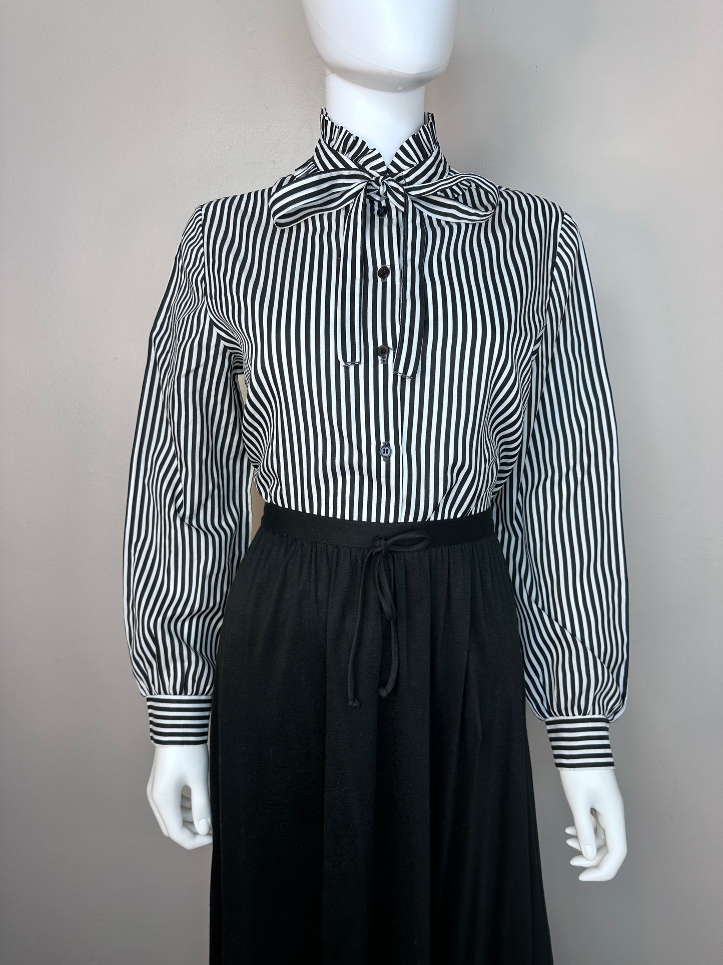 1980s Black and White Stripe Bow Neck Blouse, Isaac Hazan Size Medium