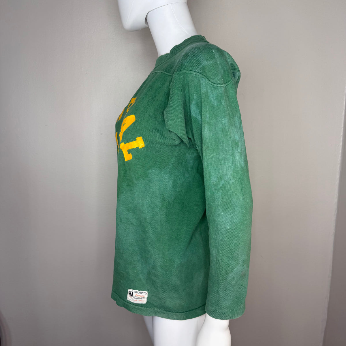 1940s Green Cotton Jersey T-Shirt, Central High Memphis AA, Champion Knitwear Company Running Man Size Medium, Distressed