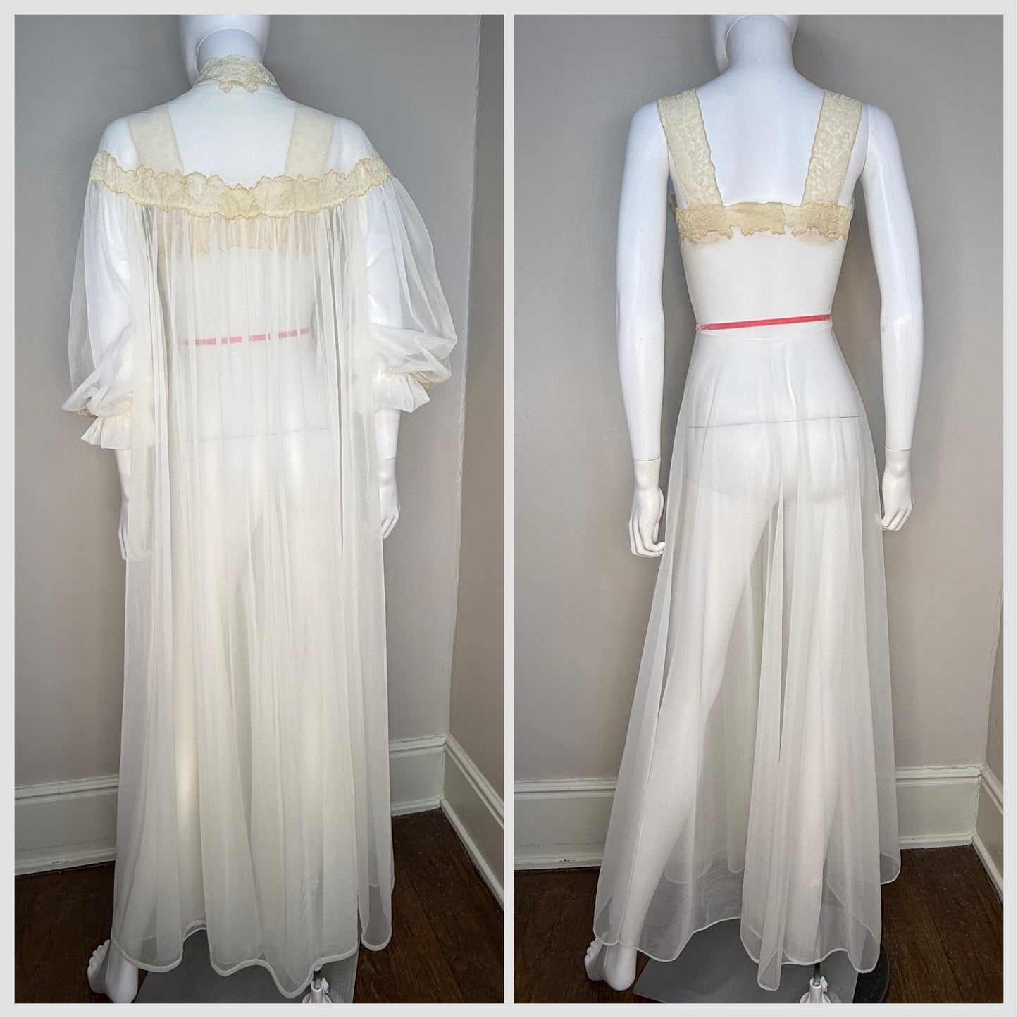 1950s Full Length Peignoir Set with Full Sweep, Sheer Off White Nylon with Cream Lace and Pink Ribbon, Yolande Size 32, XS, Night Gown and Robe, Bridal Lingerie