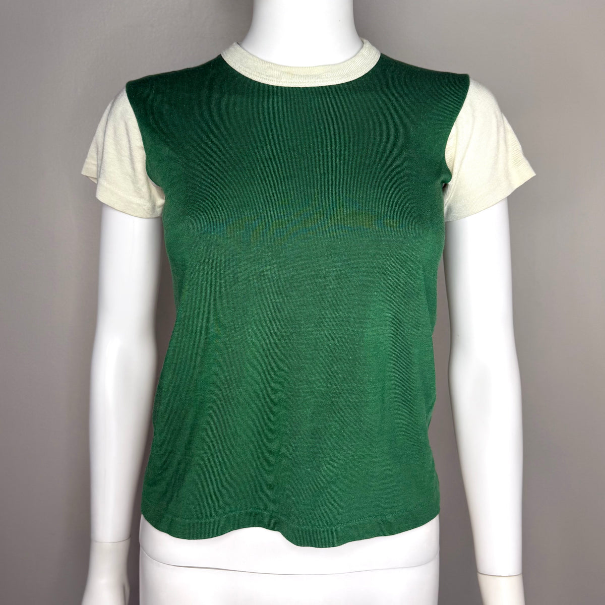 1960s/70s Kids’ Green and White Durene Jersey T-Shirt Size Youth M/Adult XS, No 21, Russell Southern Co