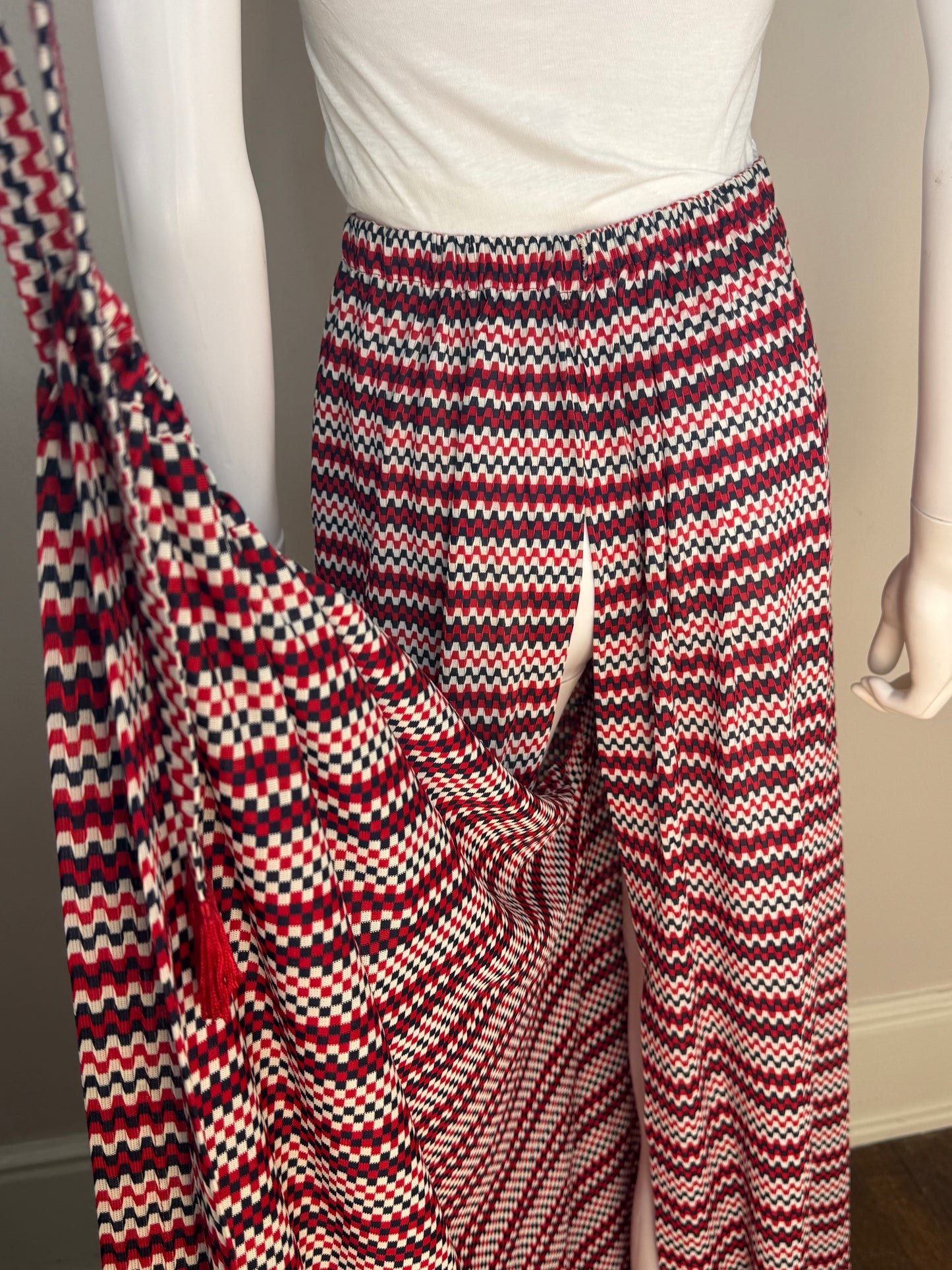 1970s Zig Zag Stripe Wrap Around Palazzo Pants, Handmade Size XS-Medium, Red White and Navy Blue
