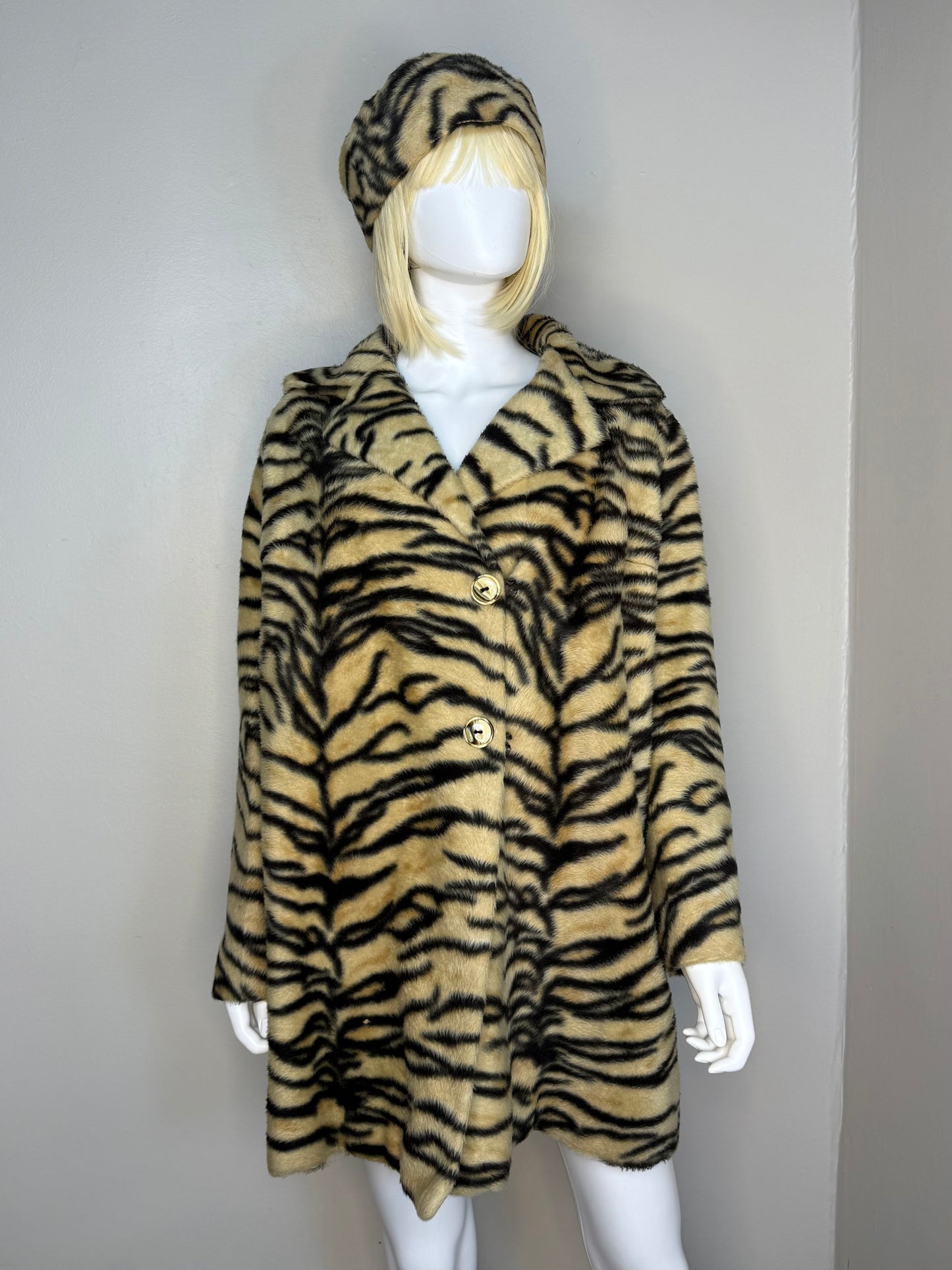 1960s Tiger Print Faux Fur Coat and Hat Set, Handmade Size Medium-Large