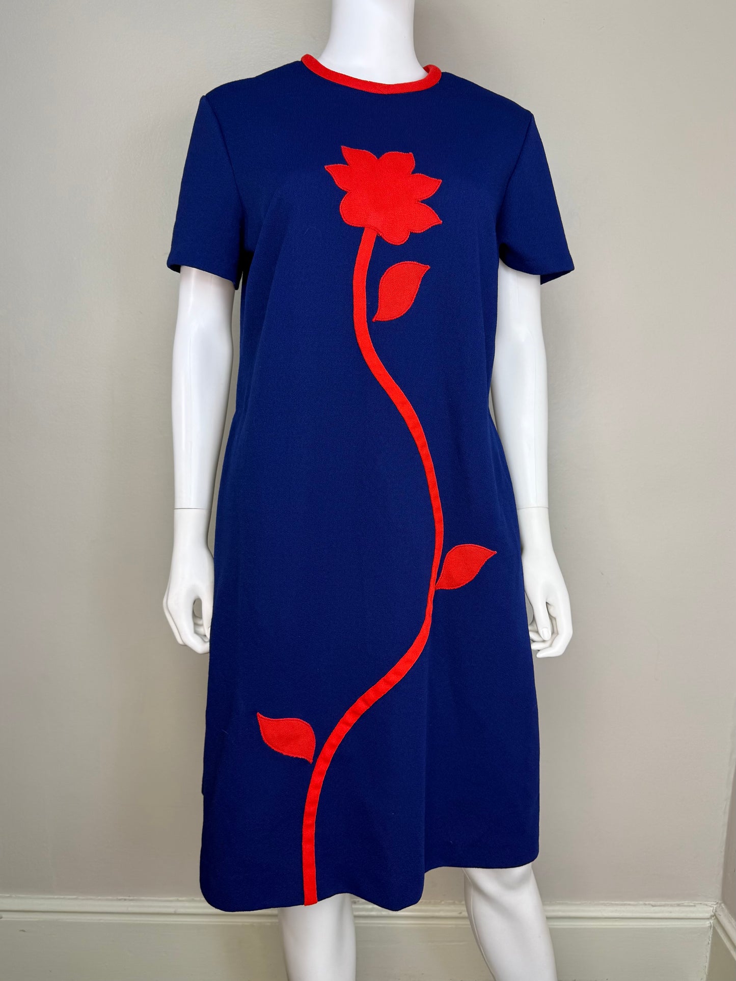 1970s Blue Dress with Red Flower Appliqué, Size Large, Polyester Double Knit