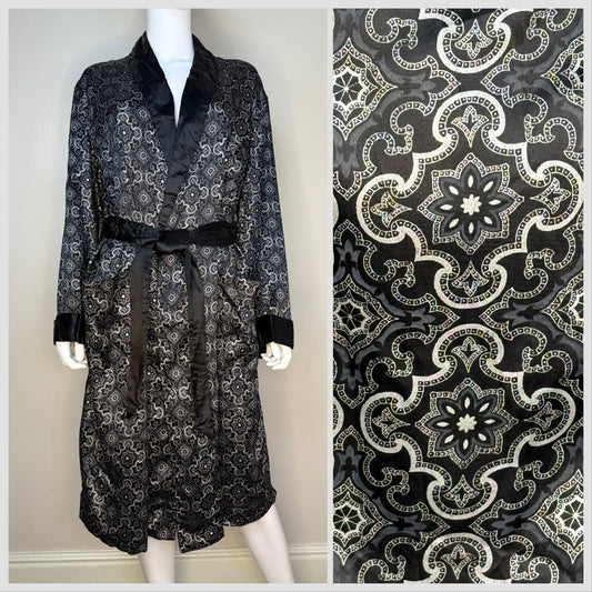 1960s Men’s Black Medallion Print Robe, Smoking Jacket, Sears Size Medium