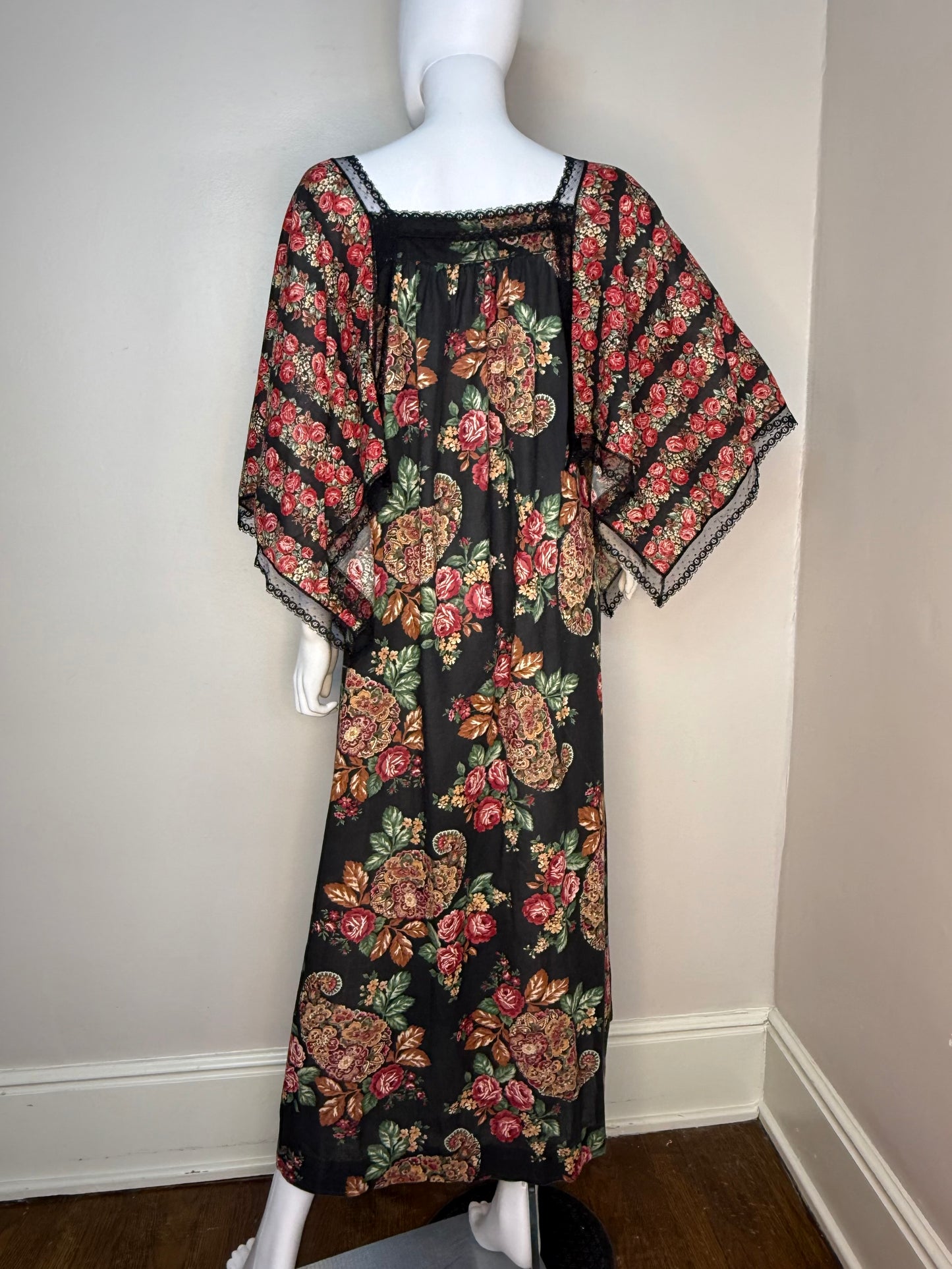 1970s Black Rose Caftan Dress with Wide Scarf Sleeves, Dutchmaid Size Large