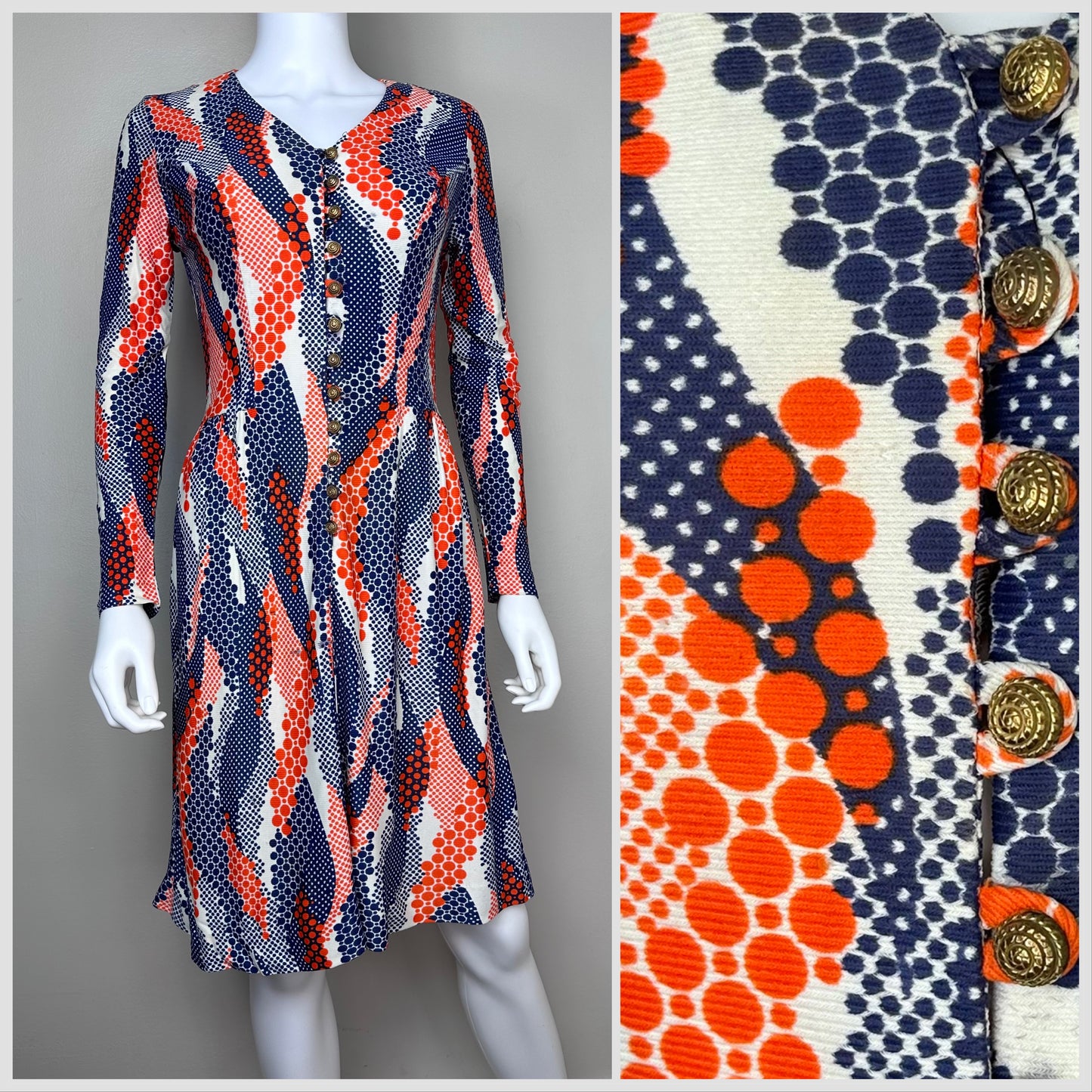 1970s Orange and Blue Psychedelic Swirl Polka Dot Dress, Size XS-Small