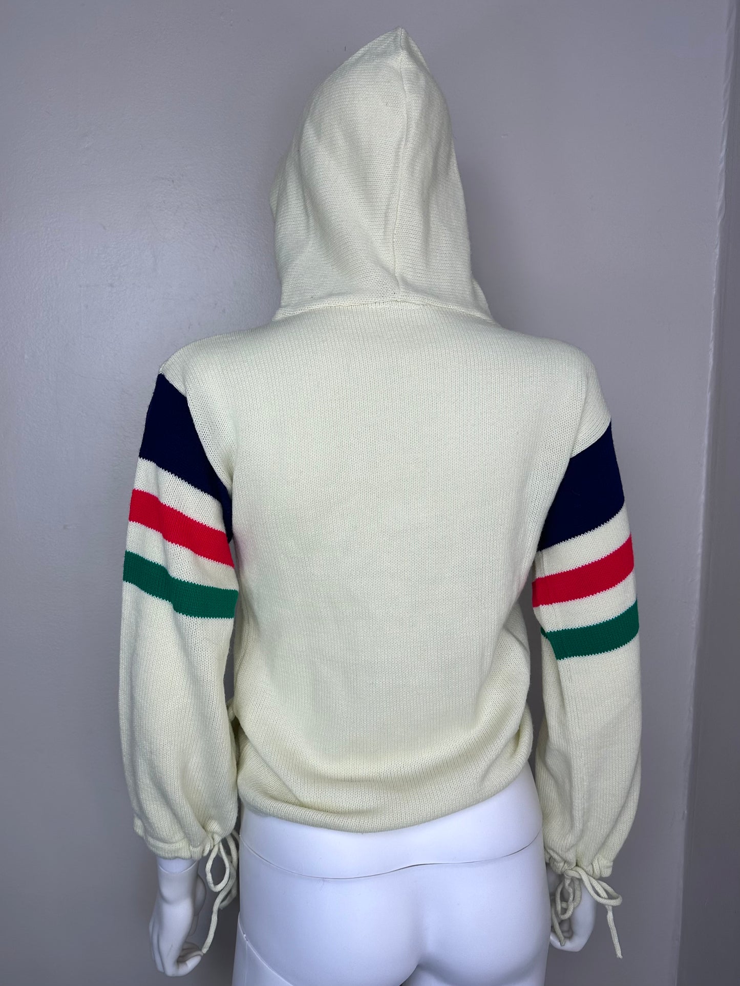 1970s Hooded Sweater with Striped Sleeves, Size XS