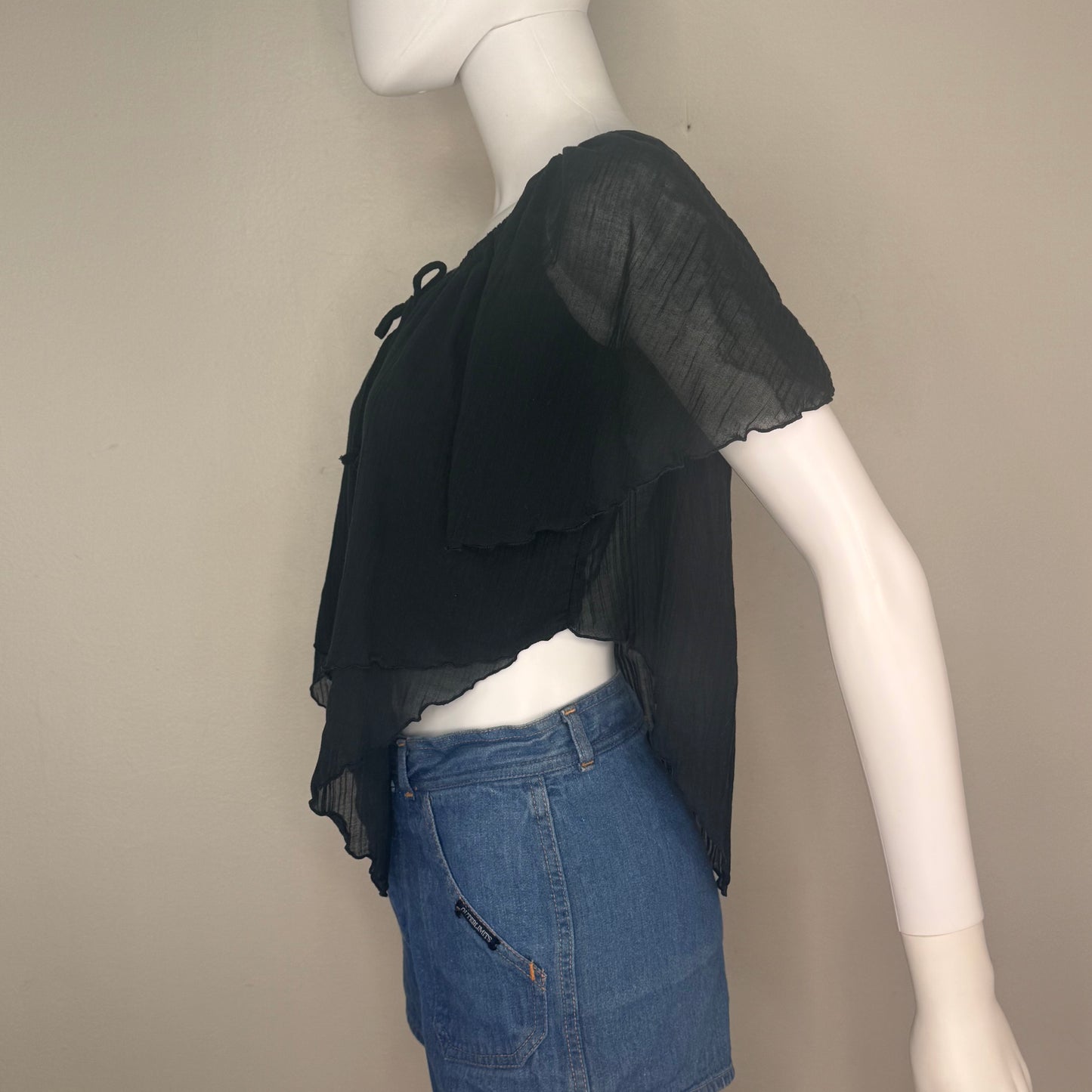 1970s Sheer Black Boho Top, Byer California Size Medium, Handkerchief Hem