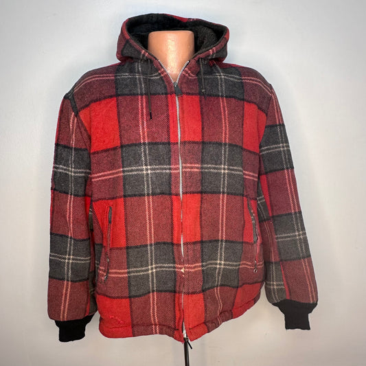 1950s/60s Red Plaid Wool Hooded Jacket, Bond Fifth Avenue Size Medium, Fur Lined