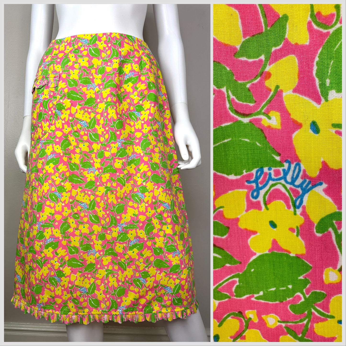 1970s The Lilly Yellow and Pink Floral Skirt, Lilly Pulitzer Size XS/S