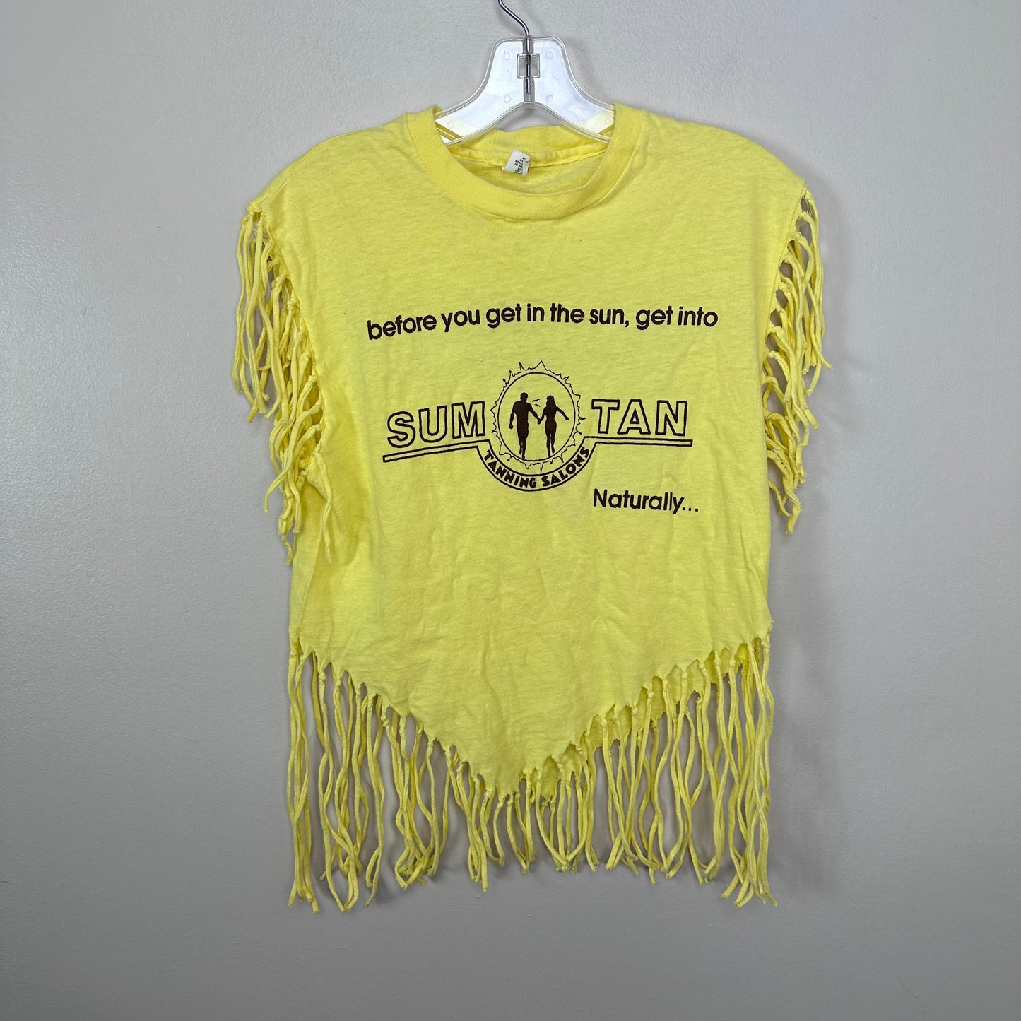 1970s Sum Tan Tanning Salon T-Shirt, Fringe Sleeves and Hem, Hanes Size Small