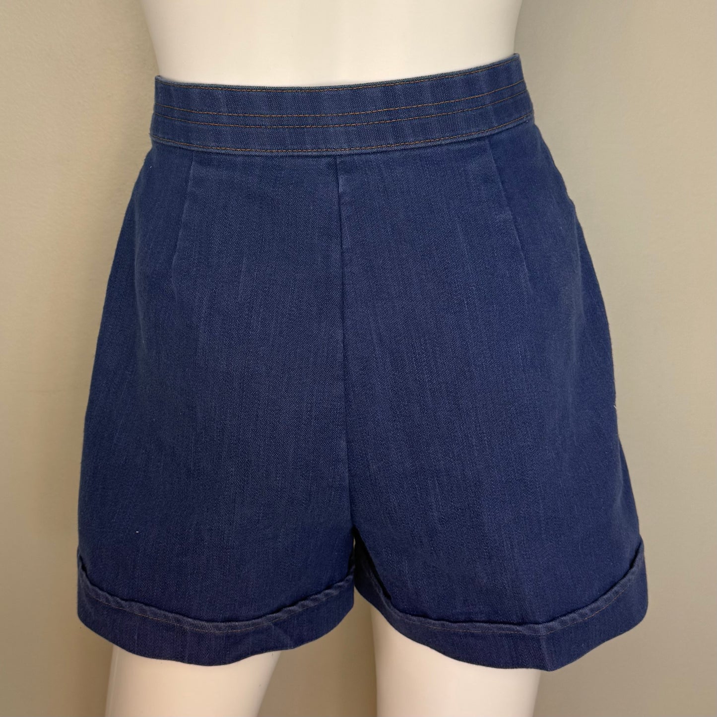 1970s High Waisted Denim Shorts, Cuffed, 26" Waist, Size XS/Small