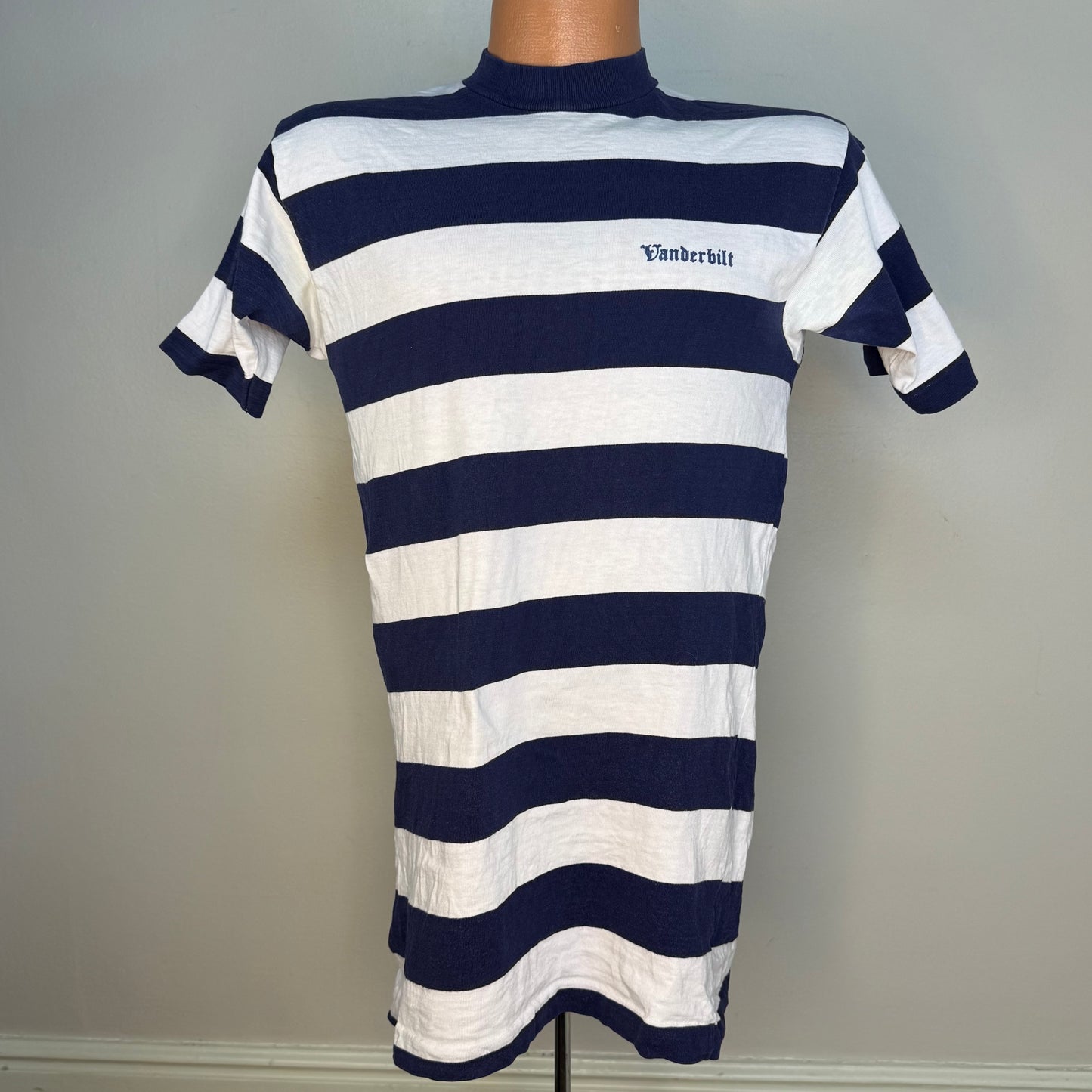 1960s Striped Vanderbilt University T-Shirt, Champion Products Size S/M, Wide Navy Blue and White Stripes