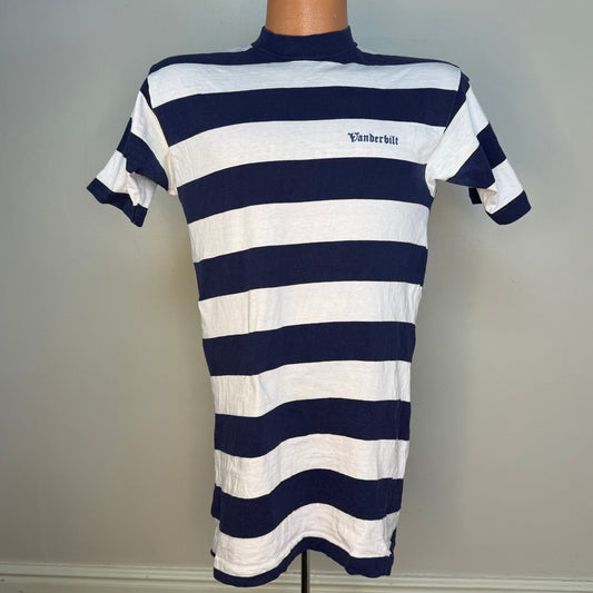 1960s Striped Vanderbilt University T-Shirt, Champion Products Size S/M, Wide Navy Blue and White Stripes