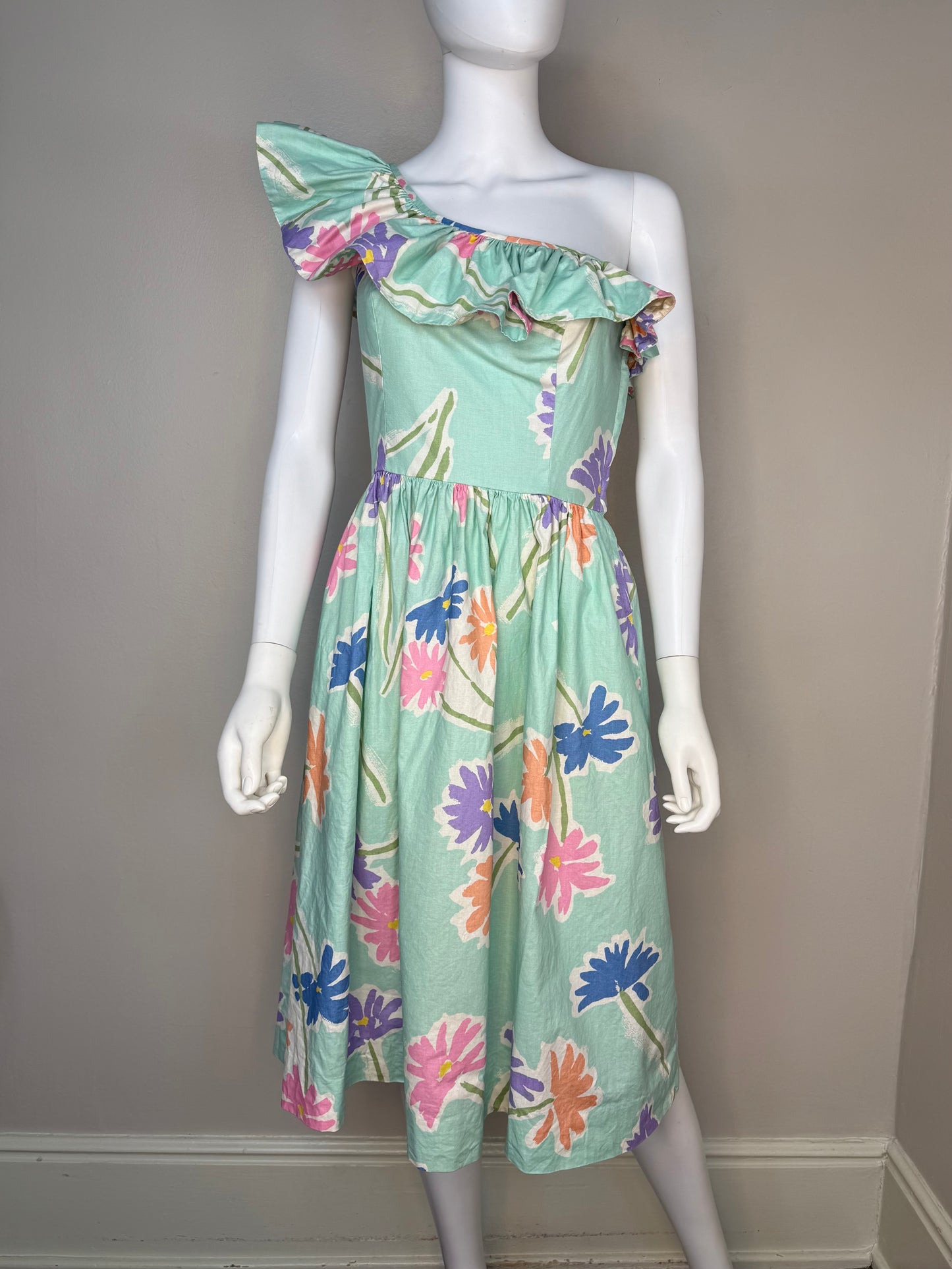 1980s Pastel Green Floral One Shoulder Dress, Blair Woolverton Size XS, Asymmetrical