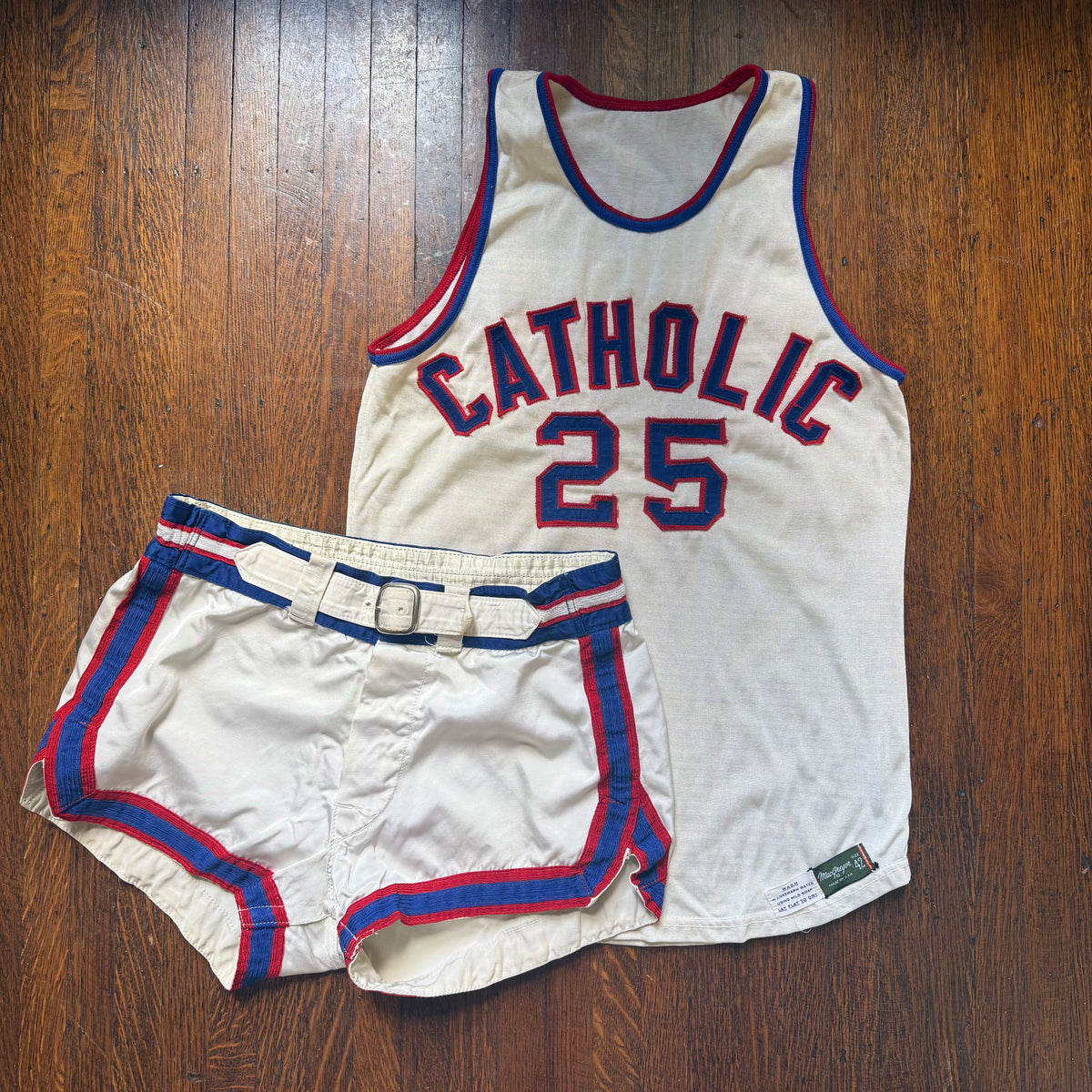 1960s Catholic Basketball Uniform, Jersey and Shorts, MacGregor Size Small, No 25