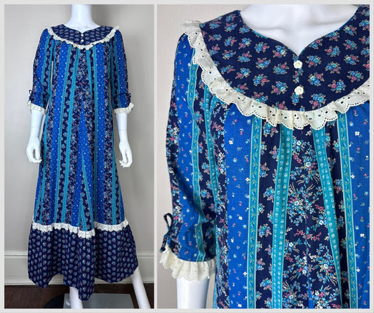 1970s/80s Mixed Blue Florals Muumuu Dress, Naturally Yours Honolulu Hawaii