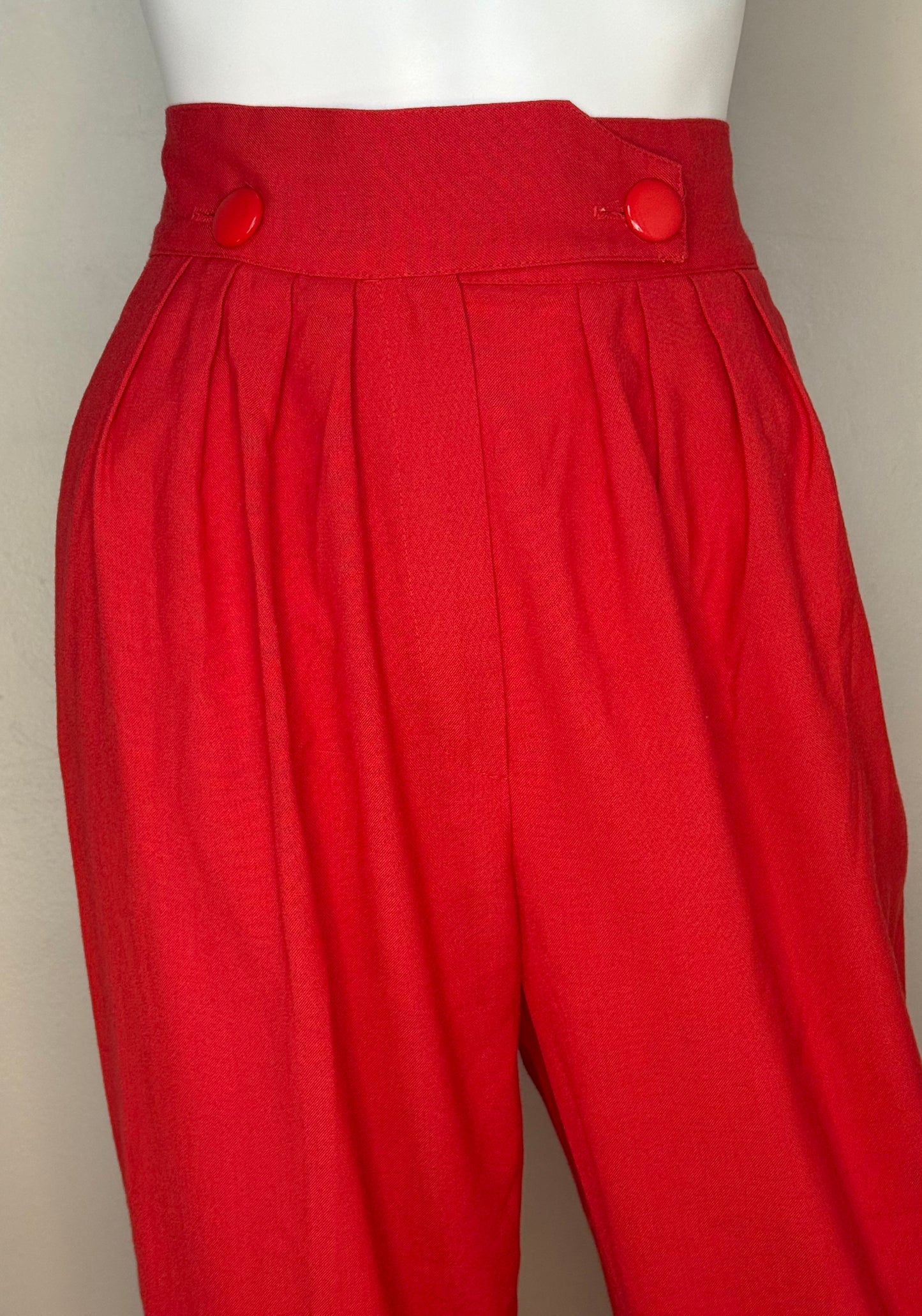 1980s Red Pleated Pants, High Rise, Wide Waistband, Tapered Leg, 27"x28"
