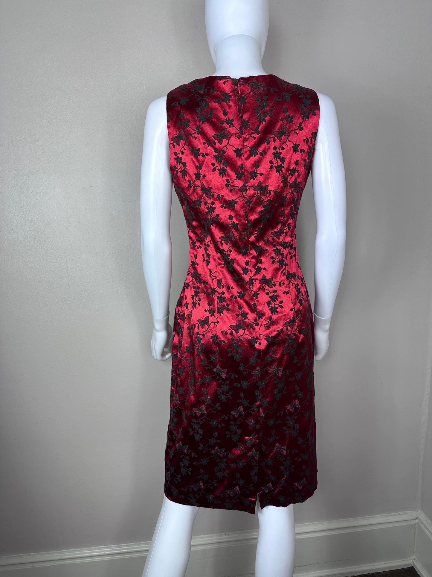 1990s Red Satin Dress, Jessica Howard Petite Size Small-Medium, Flocked Floral with Butterflies