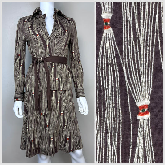 1970s Diane Von Furstenberg Blouse and Skirt Set, Brown String Print, Size Small, New without Tags