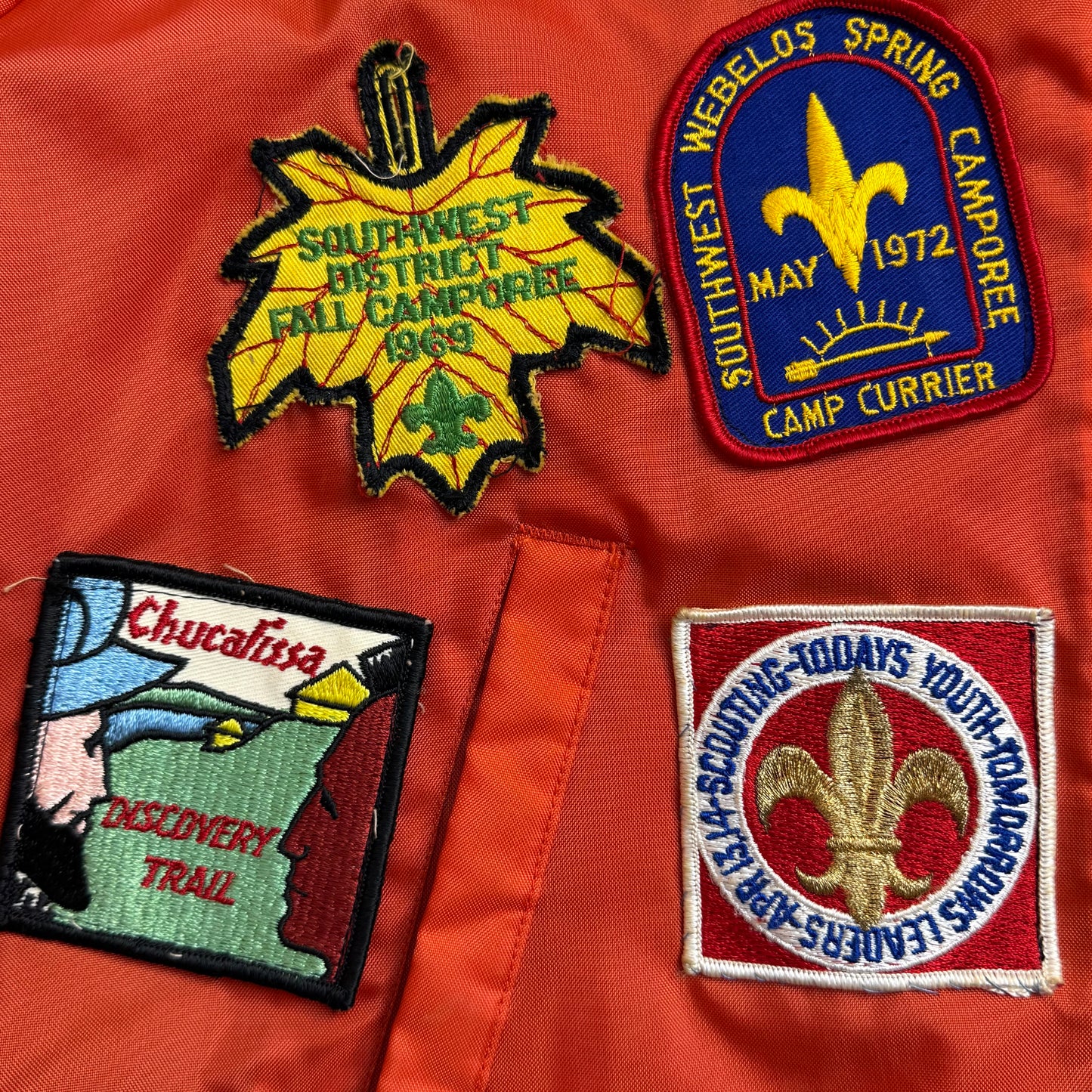1960s Orange Nylon Jacket with 60s/70s Boy Scouts Camp Patches, Size Medium, Order of the Arrow, BSA