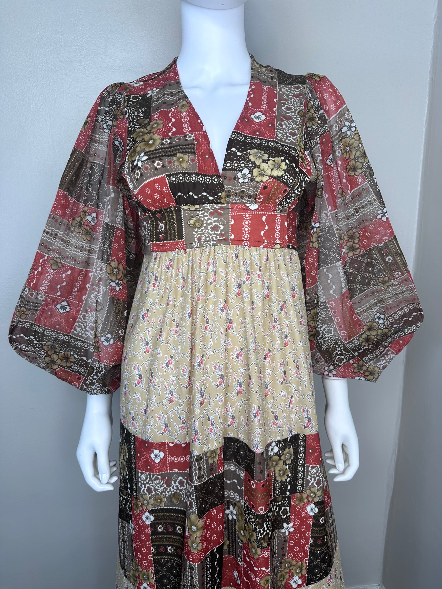 1970s Patchwork Print Boho Maxi Dress, Size XS, Sheer Balloon Sleeves