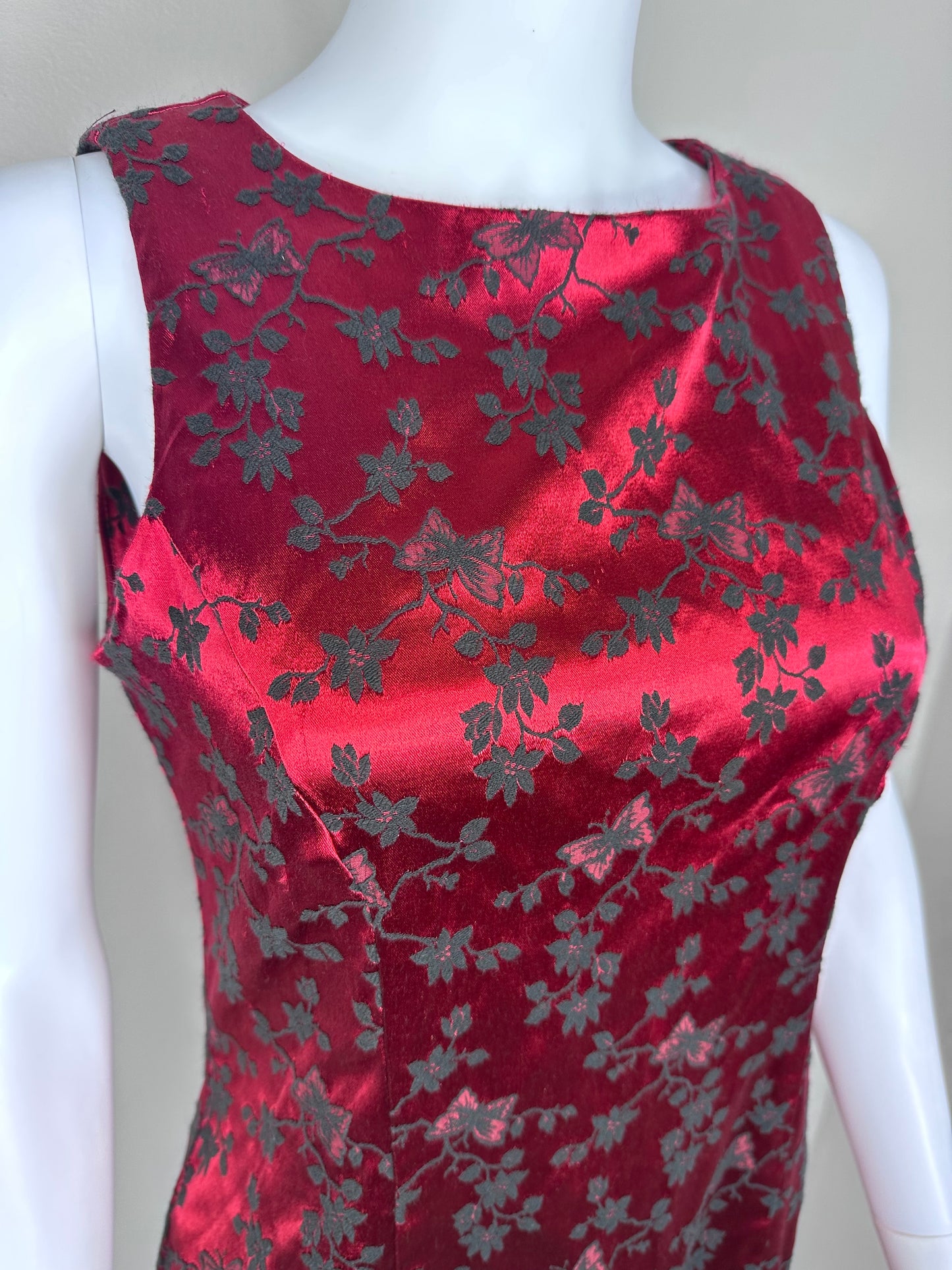 1990s Red Satin Dress, Jessica Howard Petite Size Small-Medium, Flocked Floral with Butterflies