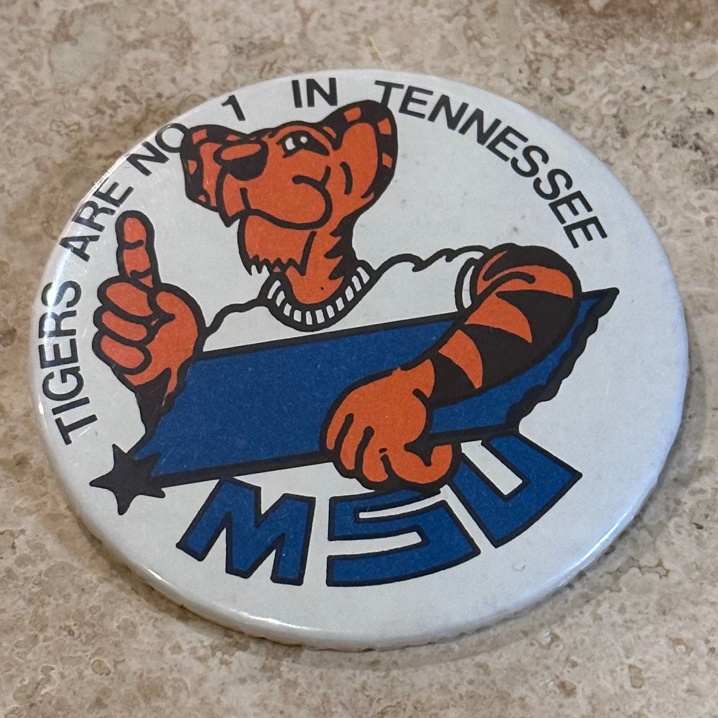 1980s MSU Tigers are #1 in Tennessee Pinback Button, Memphis State University, 3”