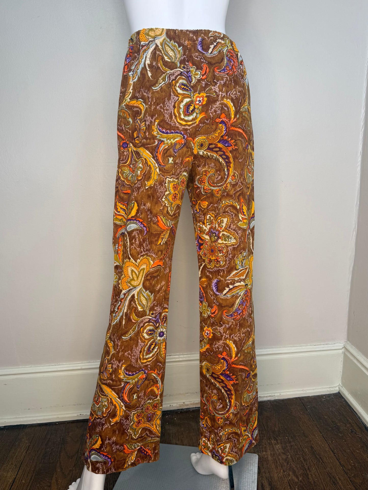 1960s Brown Paisley Cotton Barkcloth Mini Dress and Pants Set, Handmade Size Medium
