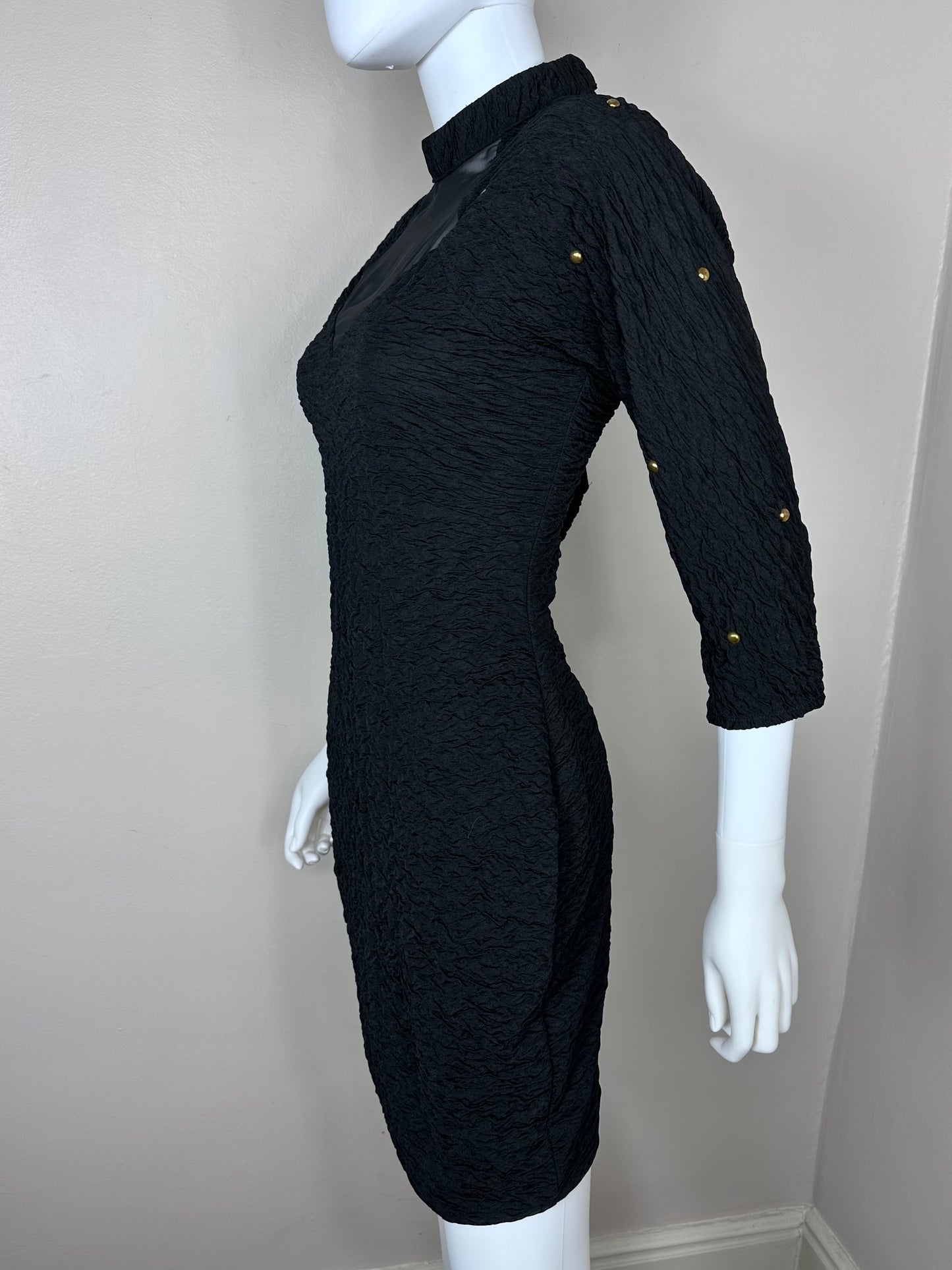 1980s Black Studded Bodycon Dress with Cut Outs Size Medium