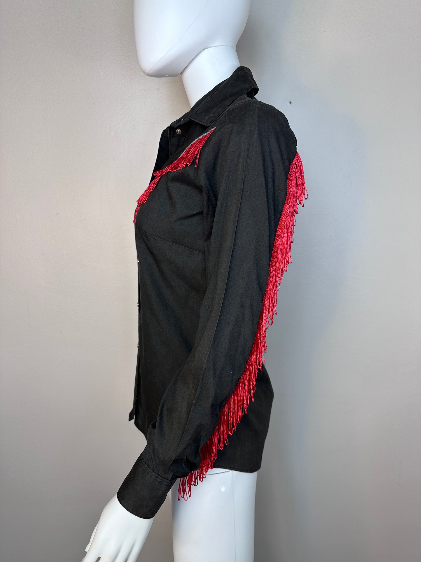 1970s Women’s Black Western Shirt with Red Fringe, Rockmount Ranch Wear Size Small, Cowgirl