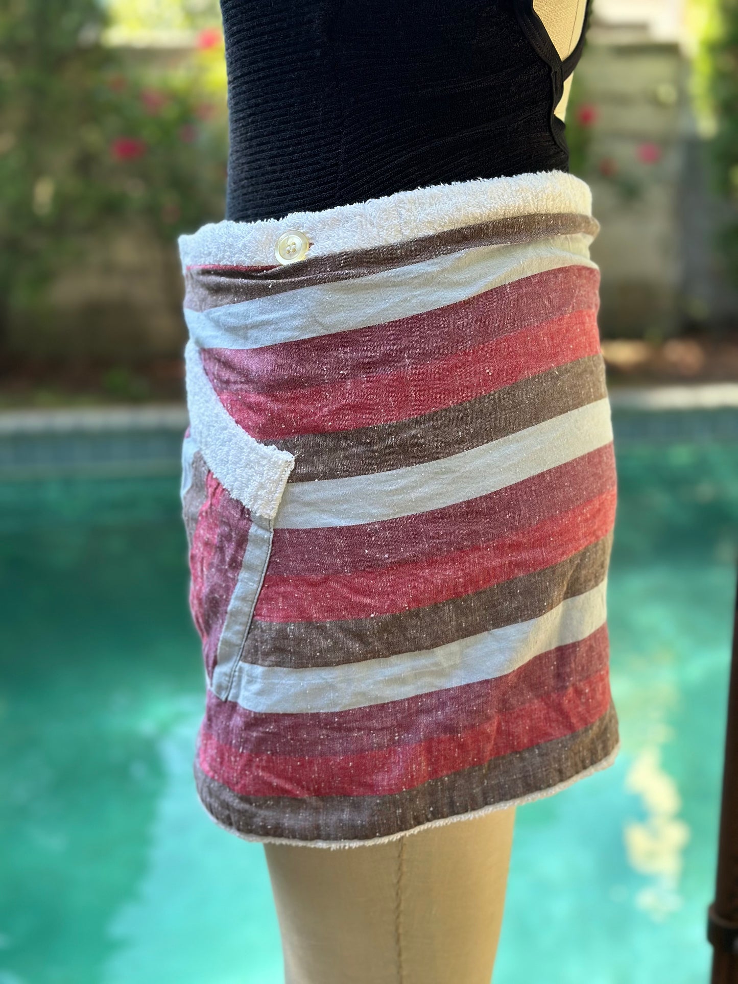 1960s Pleetway Towel Lined Striped Beach Kilt, Swimsuit Cover Up, Terrycloth Wrap