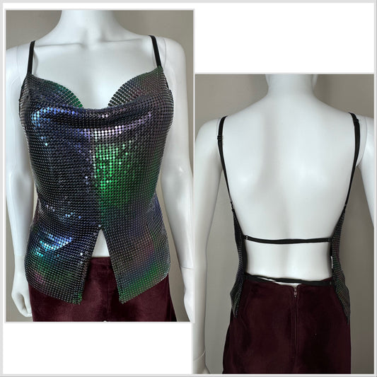 Y2K Rainbow Metallic Mesh Backless Top, River Island, Adjustable sizing