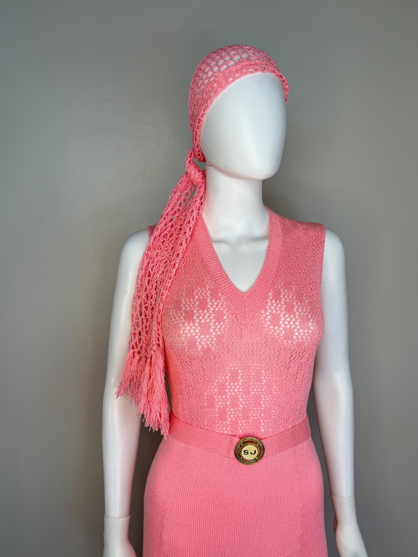 1970s St John Knits Pink Sleeveless Maxi Sweater Dress with Matching Short Sleeve Cardigan and Scarf, Size X-Small