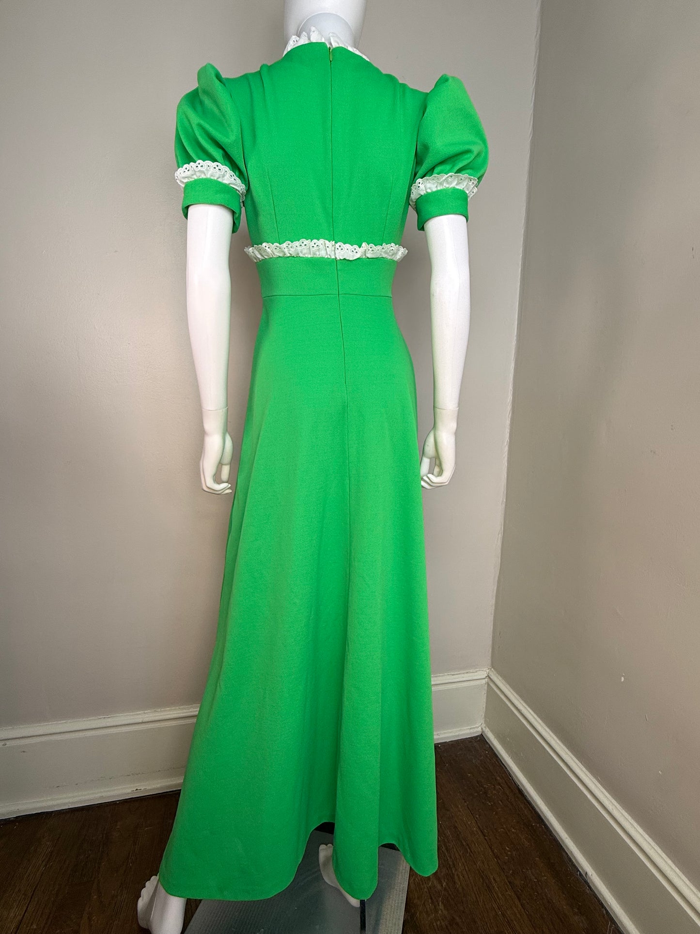 1970s Bright Green Maxi Dress with White Eyelet Trim, Homemade Size Small