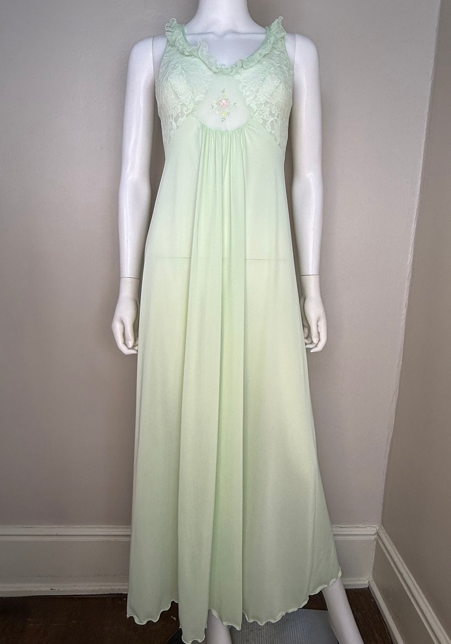 1970s Sheer Pastel Green Nightgown with Floral Embroidery, Shadowline Petite XS/Small, Mint, Nylon