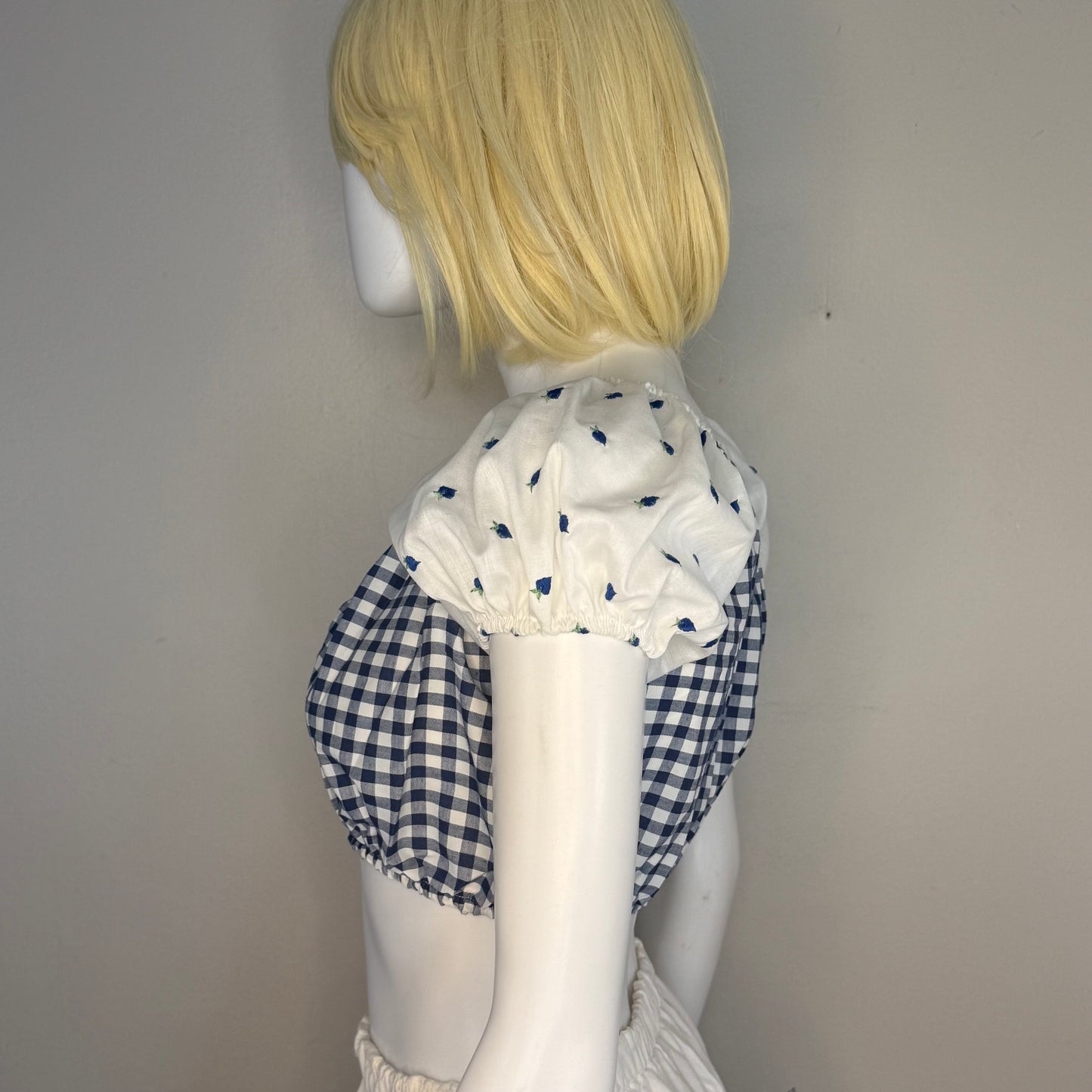 1970s Blue Gingham Cropped Blouse with Embroidered Puff Sleeves, Baar & Beards Size XS