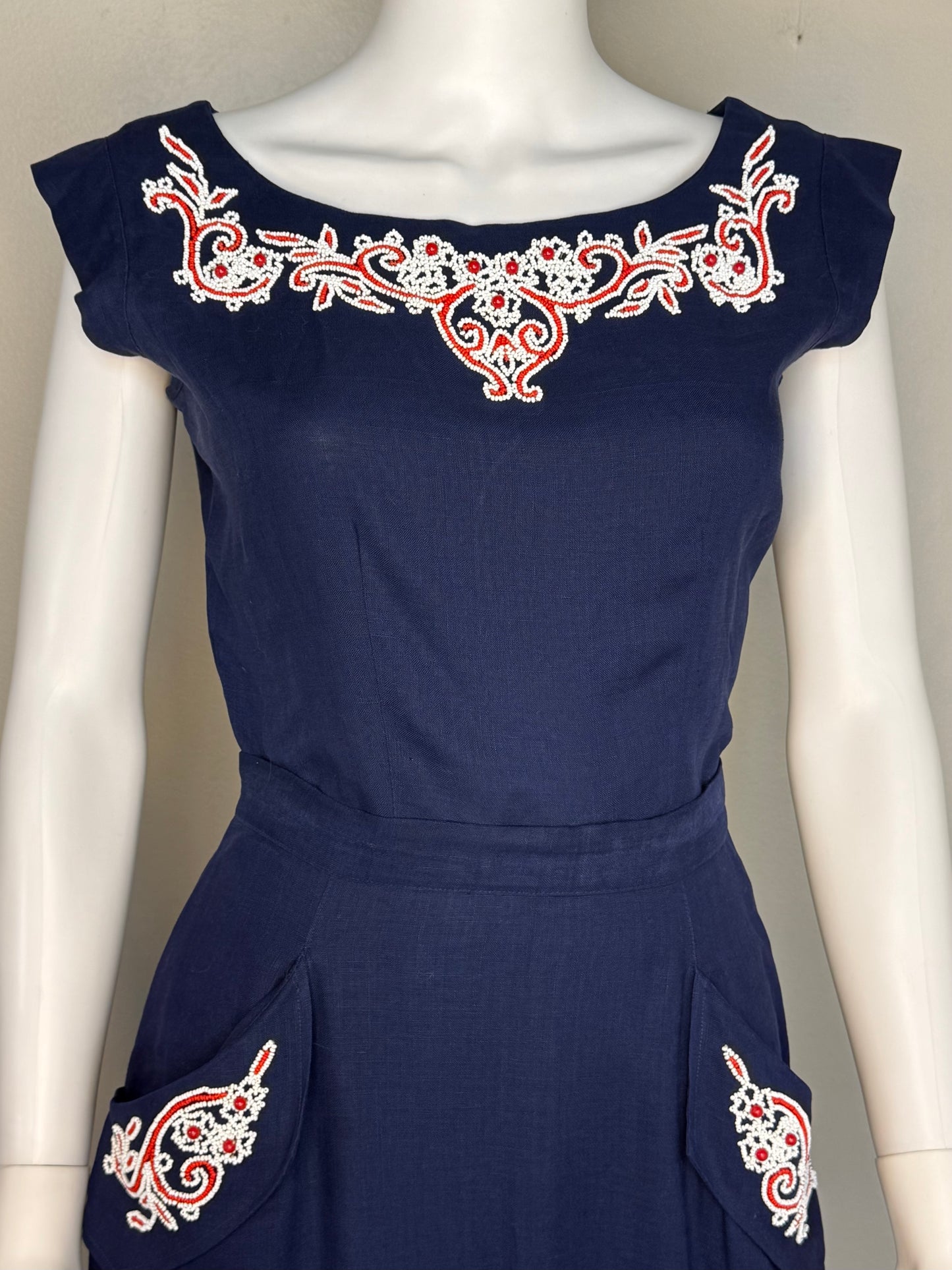 1940s/50s Beaded Navy Blue Top and Skirt Set, Nini Originals Size XS-Small