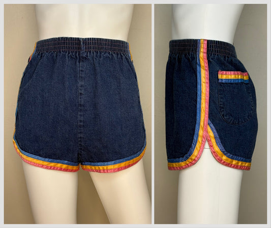1970s High Waisted Denim Shorts with Rainbow Ribbon Trim, Happy Legs Size XS