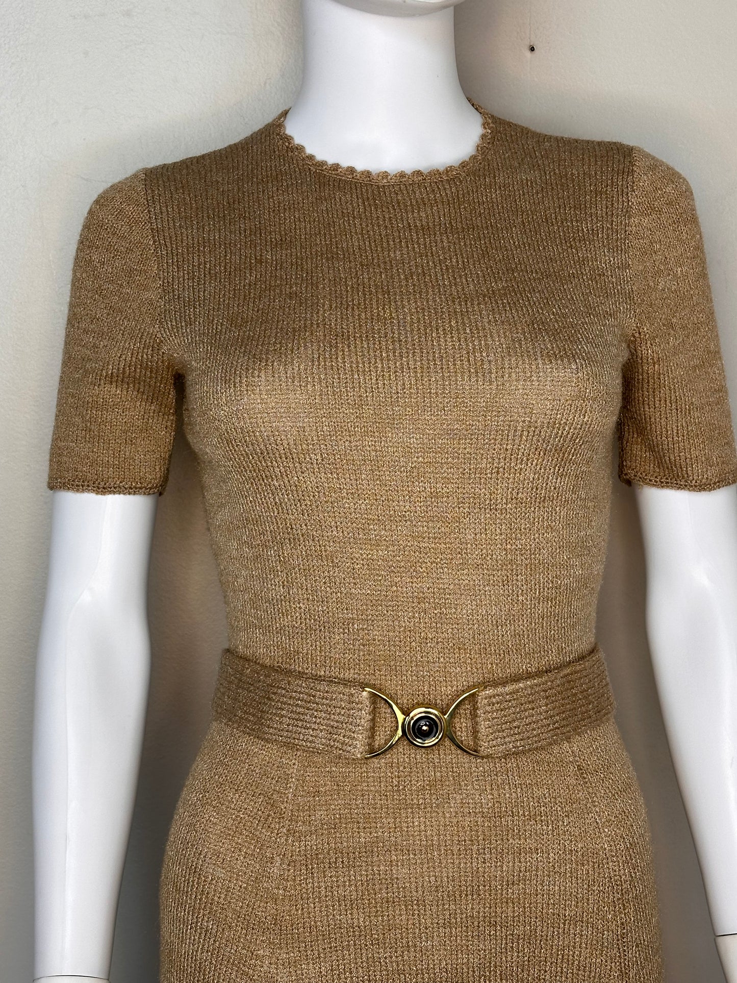 1960s/70s Tan Knit Dress and Belt, Handmade Size XS