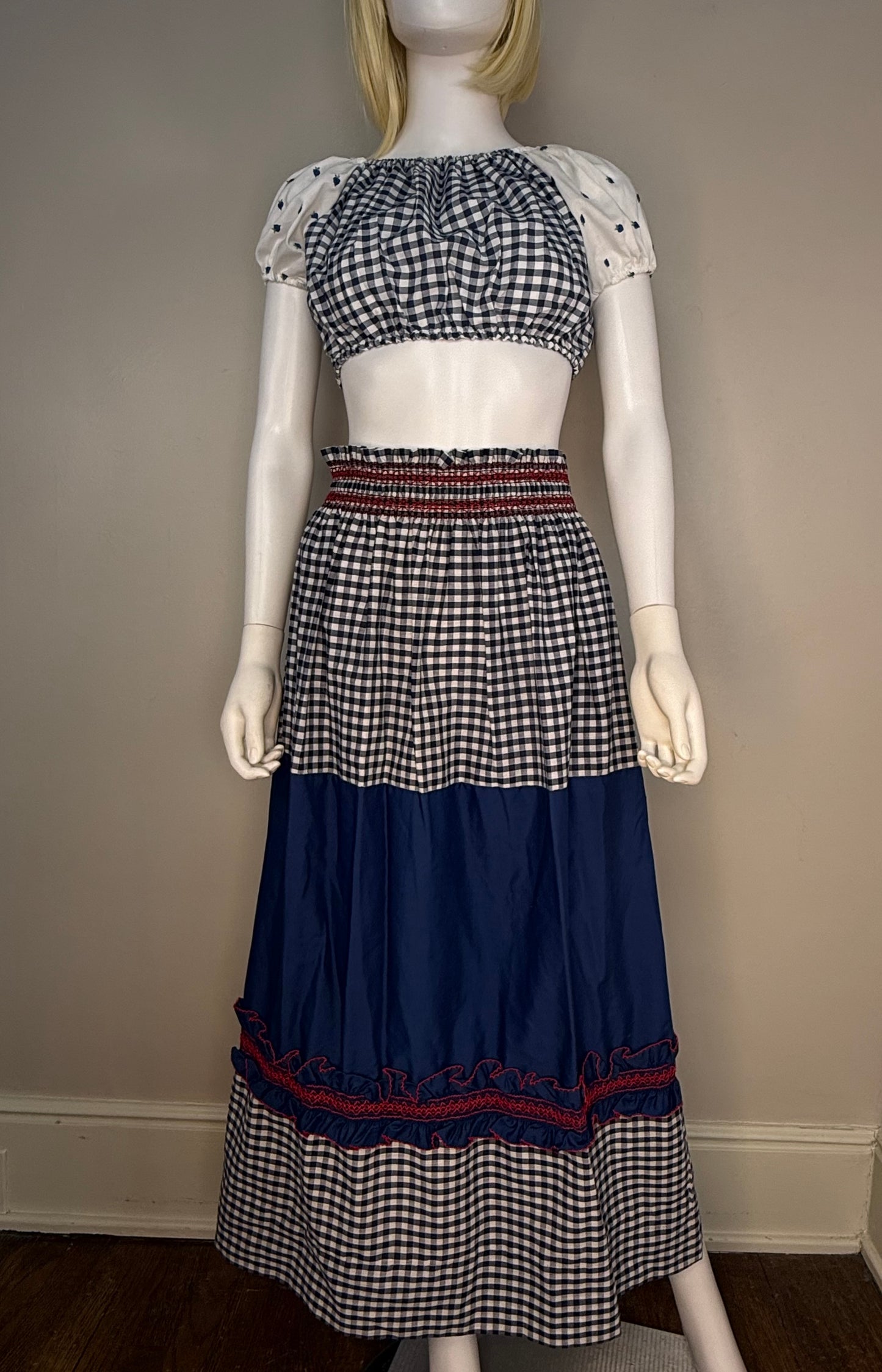 1970s Blue Gingham Cropped Blouse with Embroidered Puff Sleeves, Baar & Beards Size XS