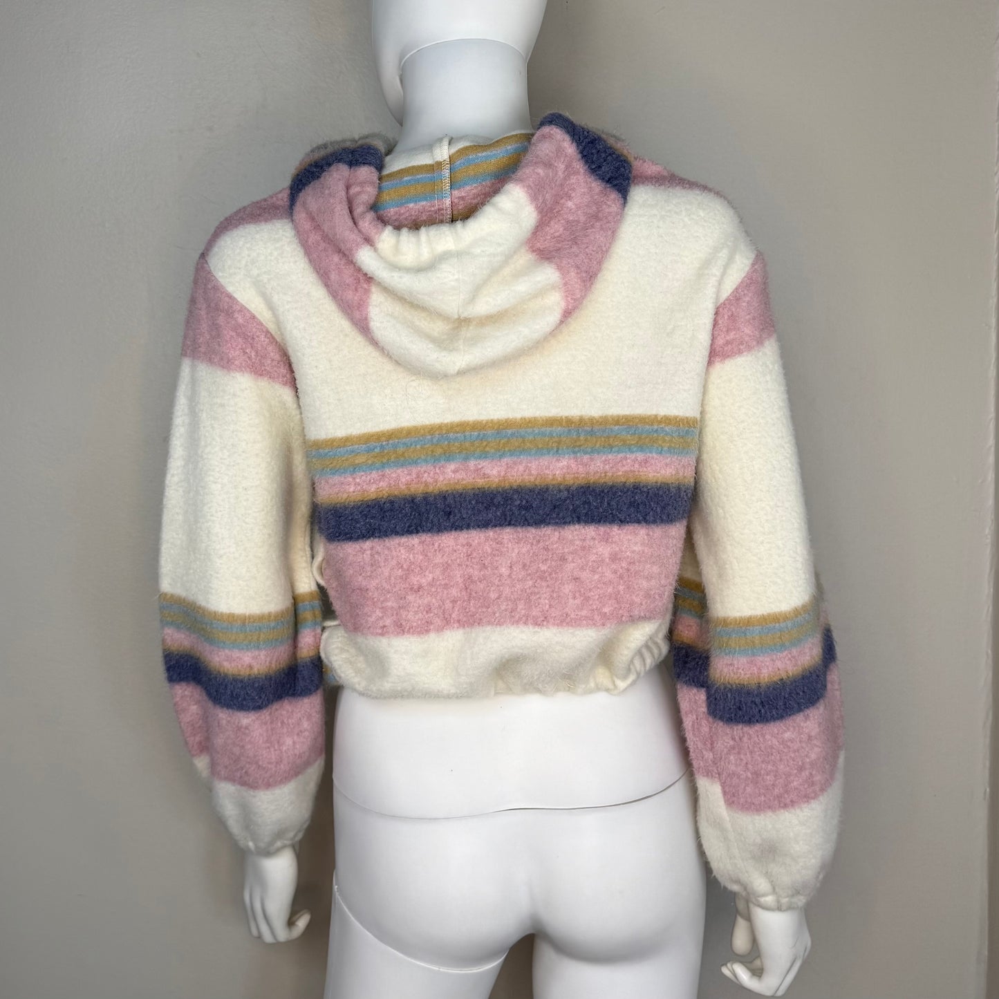 1970s Striped Fleece Hooded Jacket, Cream and Pink, Size Small