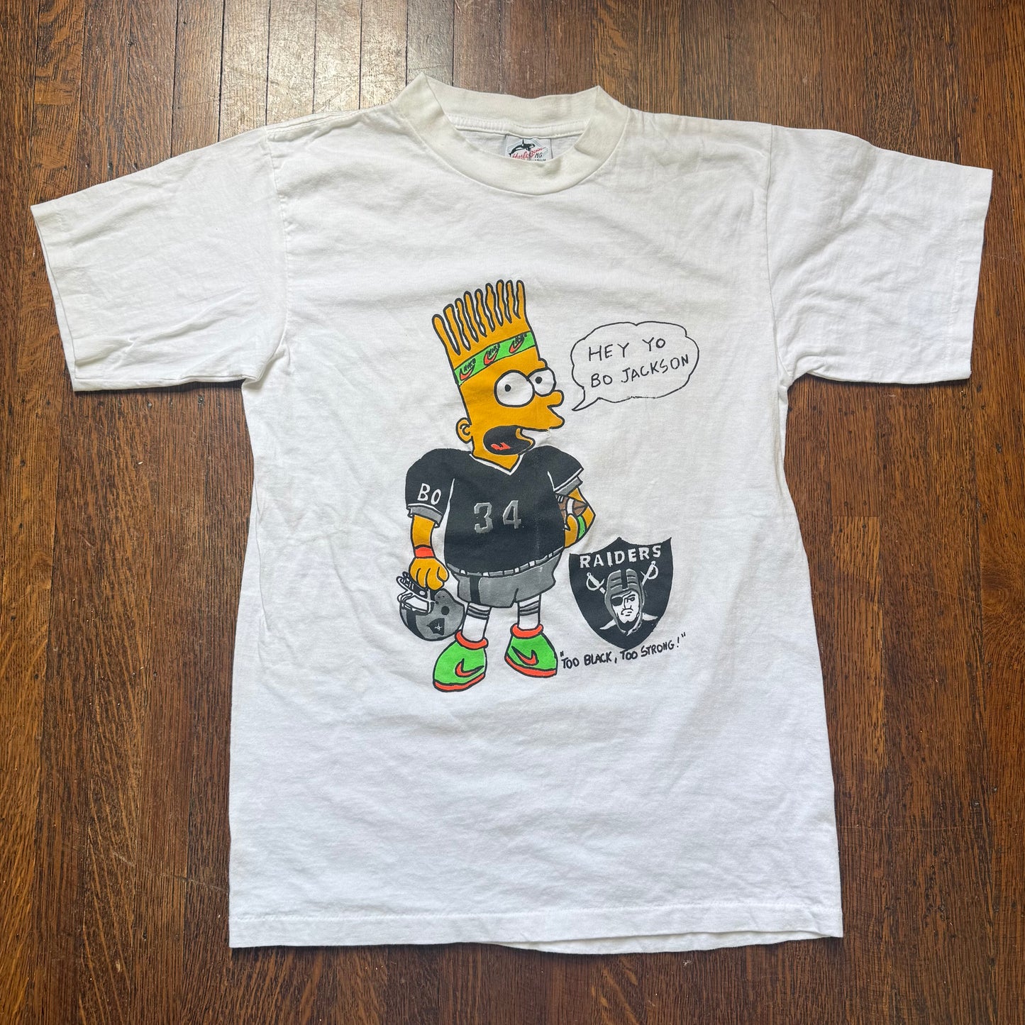 1990s Bootleg Bart Simpson T-Shirt, Los Angeles Raiders Bo Jackson 34, Too Black Too Strong, Simpsons Parody, Harlequin Size S/M
