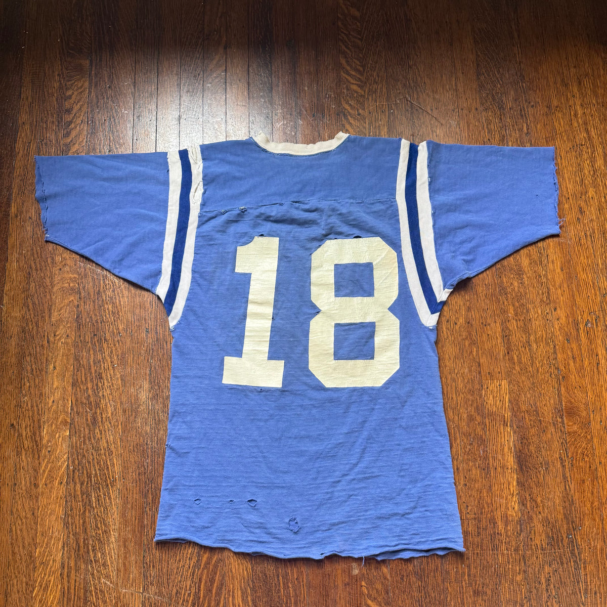 1960s Blue Cotton Jersey T-Shirt, HaneSport Size Small, No. 18, Distressed
