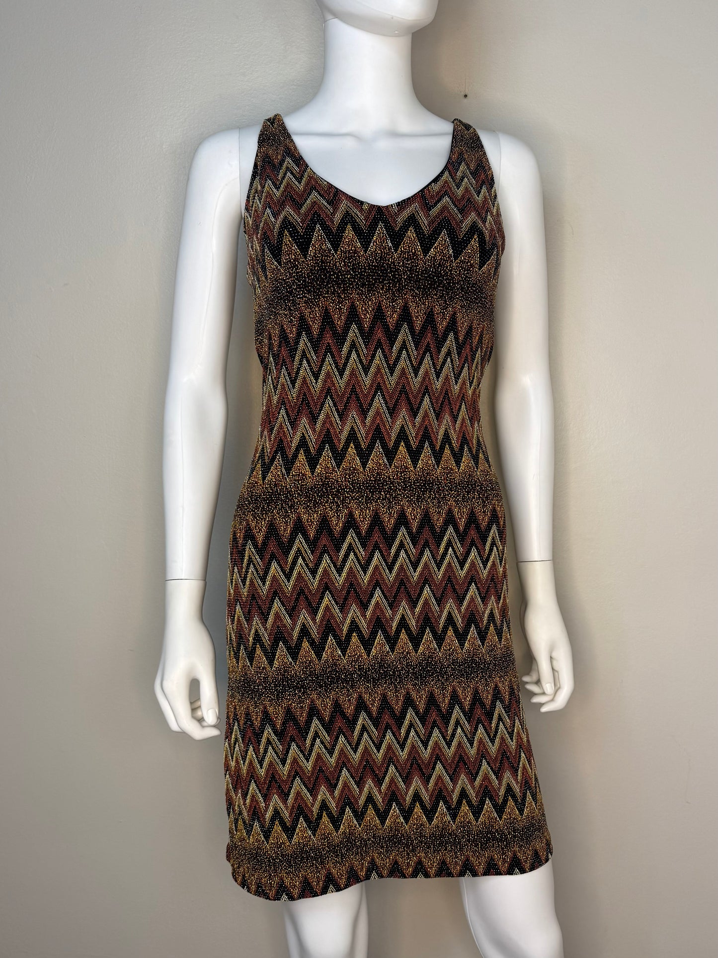 1990s/Y2K Party Dress, Brown and Black Sparkle Missoni Style Zig Zag, Sassy Size Small, Sears
