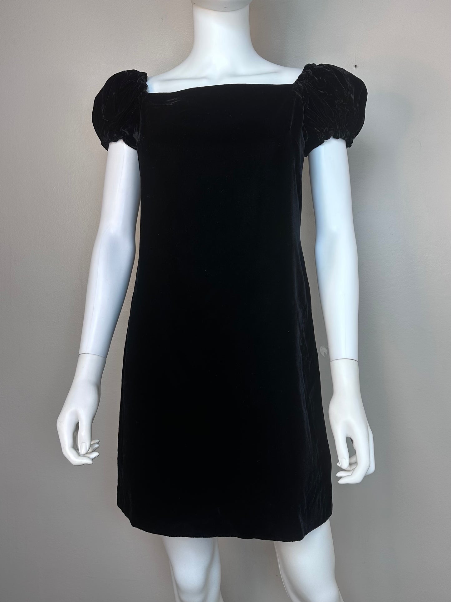 1960s Black Velvet Mini Dress with Puff Sleeves, Size XS, Back Bow