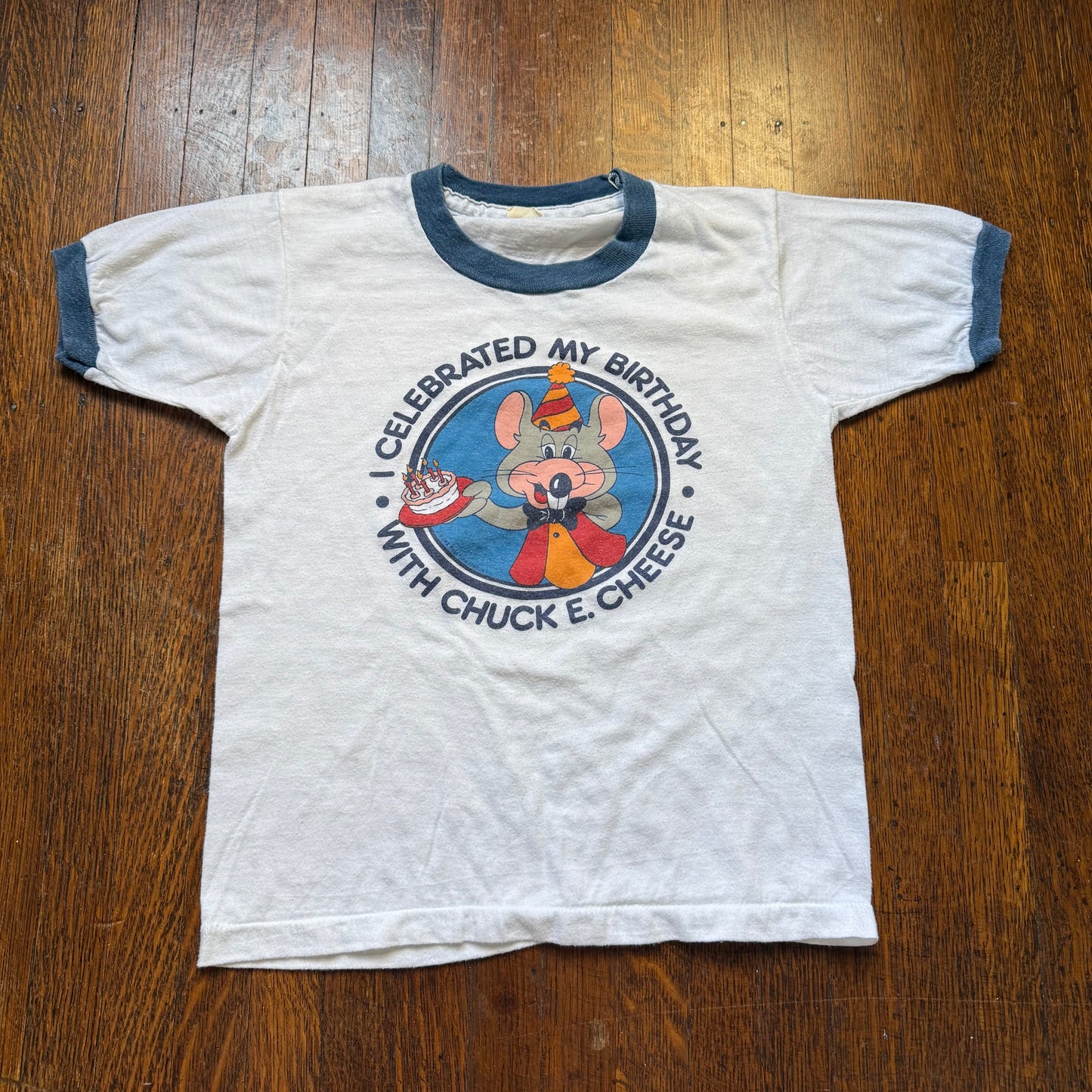 1980s Kids’ I Celebrated My Birthday with Chuck E Cheese T-Shirt, Screen Stars Ringer Tee Size 10-12