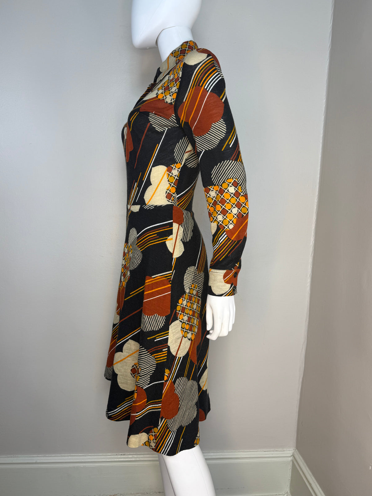 1970s Black and Brown Floral Long Sleeve Dress, Mobett Denmark Size Small